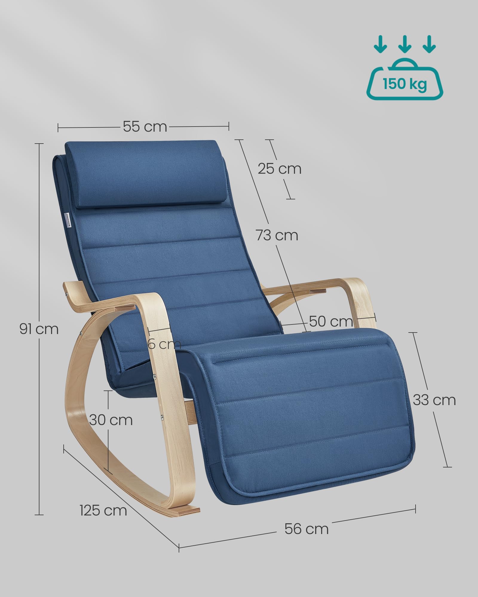 SONGMICS Fauteuil à Bascule en Bois de Bouleau, Chaise Berçante avec Repose-Pied Réglable sur 5 Hauteurs, Housse en Coton, Capacité de Charge 150 kg, Bleu Minuit LYY041Q01, 67 x 116 x 88 cm