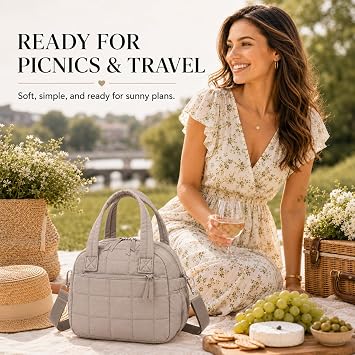 LEDAOU Quilted Insulated Lunch Bag for Women, 9L Puffy Lunch Tote with Adjustable Shoulder Strap, Reusable Water-Resistant Lunch Box for Work, School, Picnic & Travel