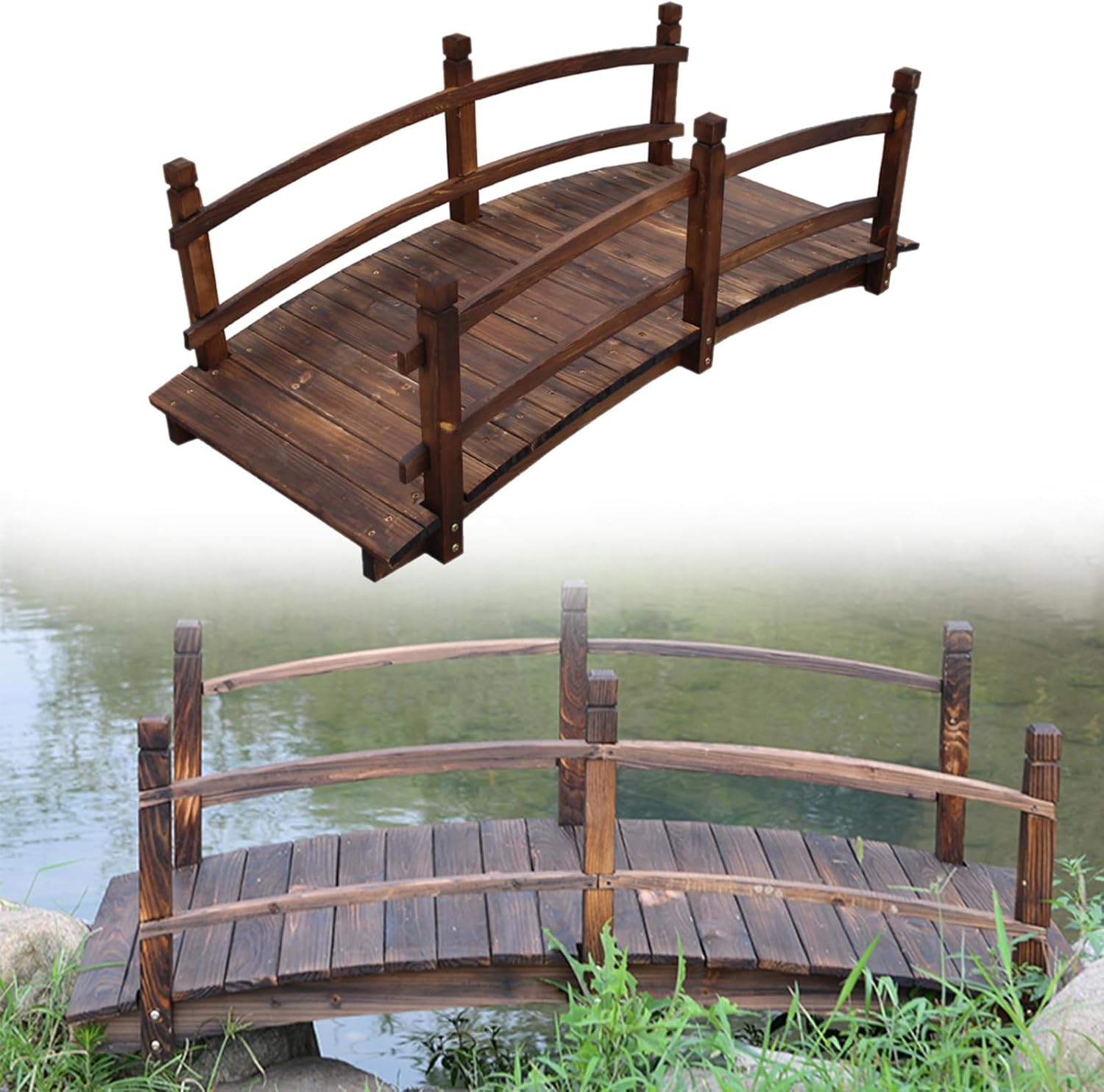 Wooden Garden Bridge, Arch Carbonized Footbridge with Double Safety Rails, Outdoor Decorative Pond Bridge Walkway for Backyard Gravel Road Creek Farm,N