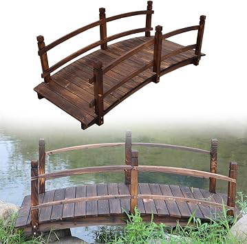 Wooden Garden Bridge, Arch Carbonized Footbridge with Double Safety Rails, Outdoor Decorative Pond Bridge Walkway for Backyard Gravel Road Creek Farm4.9ft, Carbonized