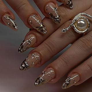 Gold French Tip Press On Nails - Short Almond 3D Stereoscopic Stick On Stars Rhinestones Design Coffin Acrylic Full Cover Artificial Nails for Women