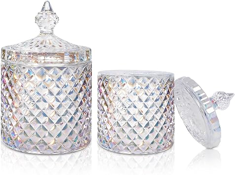 2Pcs Glazed Diamond Faceted Jar with Lid, FHDUSRYO Glass Sugar Bowl Decorative Candy Jars, Diamond Candy Dish, Crystal Cookie Tin Biscuit Barrel, Buffet Container, Qtip Holder for Home 10 oz+20oz