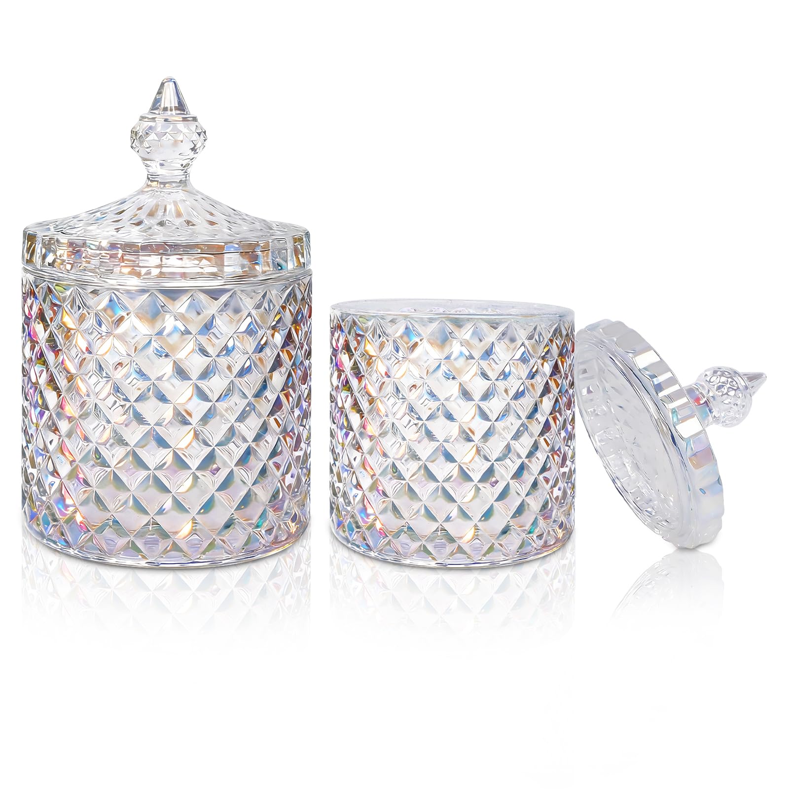 2Pcs Crystal Diamond Faceted Jar with Lid, Glass Sugar Bowl, Decorative Candy Jars Candy Dish, Crystal Cookie Tin Biscuit Barrel, Buffet Container, Qtip Holder for Home (Transparent and vibrant) โ image 1