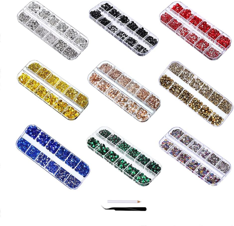 2000Pcs Flat Back Gems Round Crystal Set for DIY Nails Crafts 6 Sizes (1.5-6 mm/0.06-0.24in), with Tweezer and Rhinestones Picking Pen, 9 Color Choices