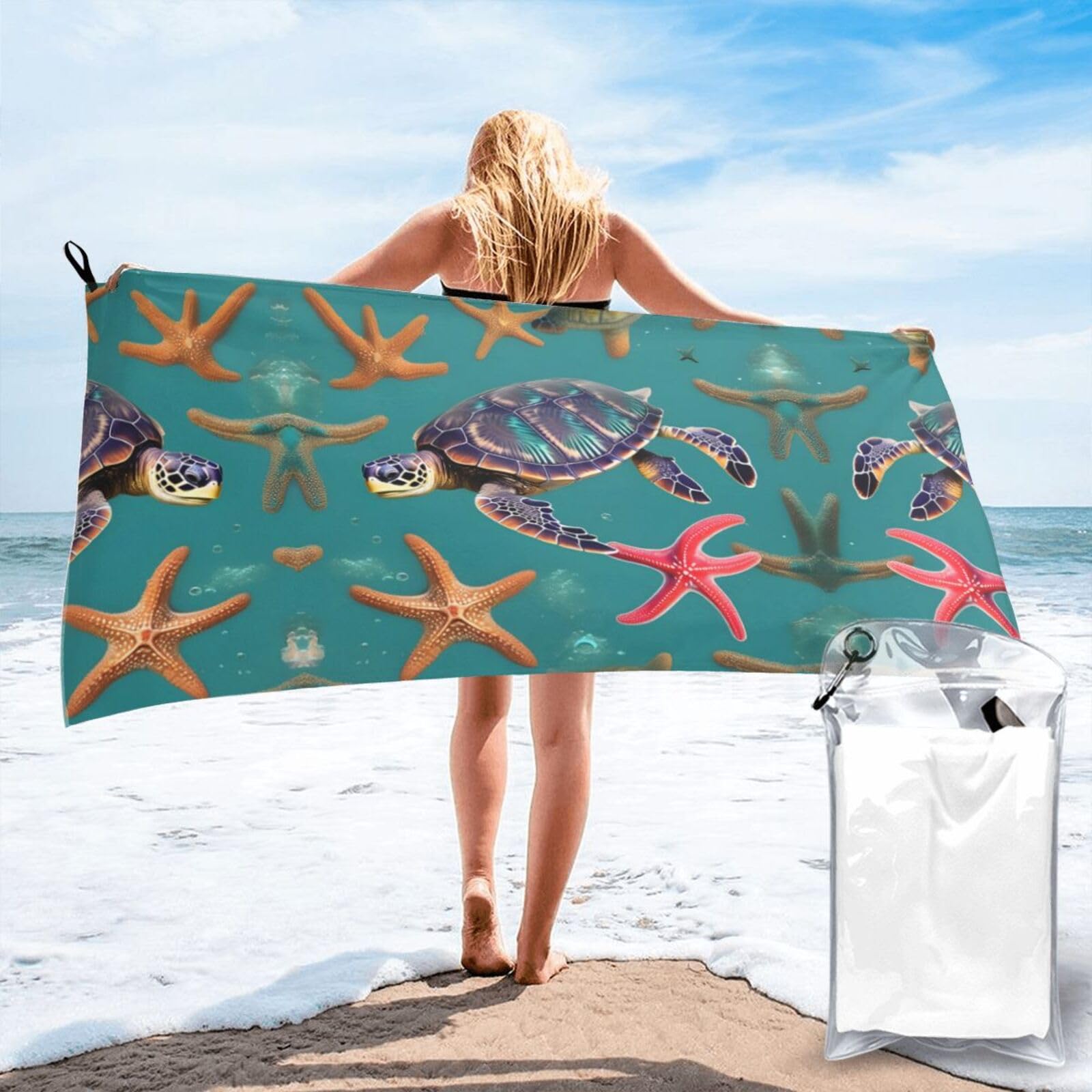 WYCZHY Sea Turtle Starfish Pattern Print Beach Towel Soft Quick Dry For Spa Pool Gym Vacation Travelers Women Men Adults Sauna Gift