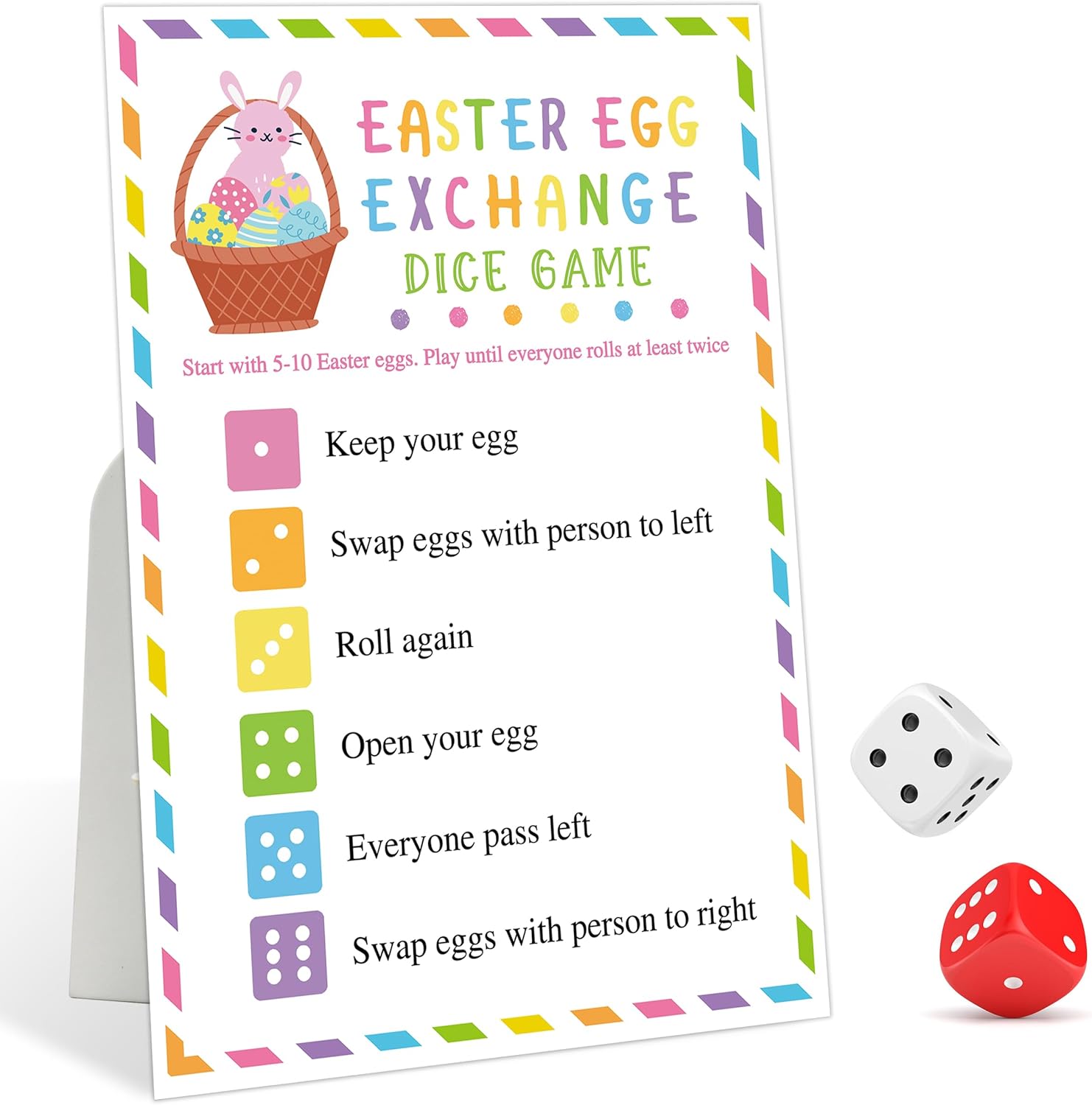 Easter Egg Exchange Dice Game, Easter Gifts Exchange Instruction Standing Sign with 2 Dice, Easter Games for Adults and Large Groups, Easter Party Swap Games for Family Classroom Activities, 02