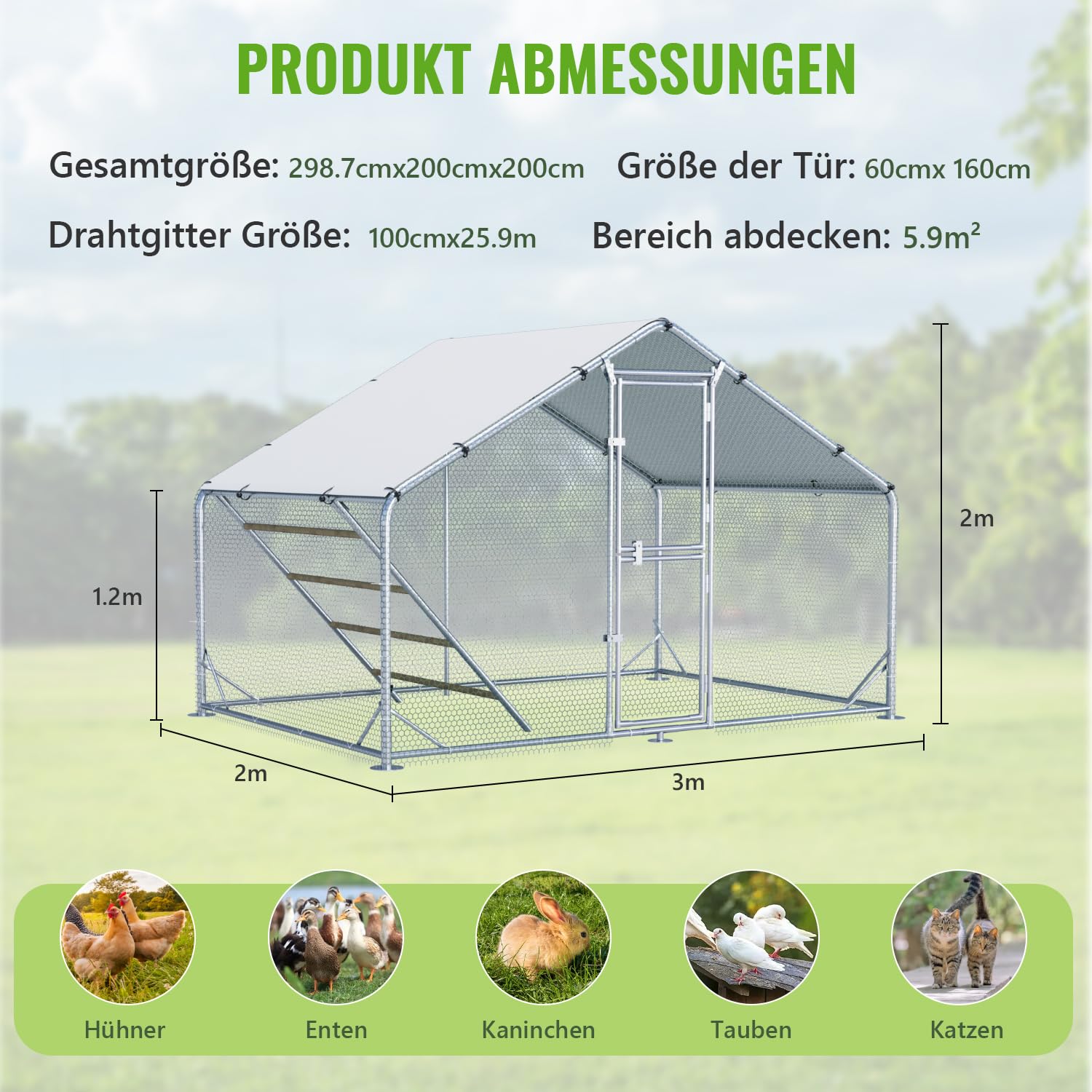 Grande pollaio in metallo, 3 x 2 x 2 m, con tetto, per giardino, resistente alle intemperie, per 6-10 polli, con accessori e scala