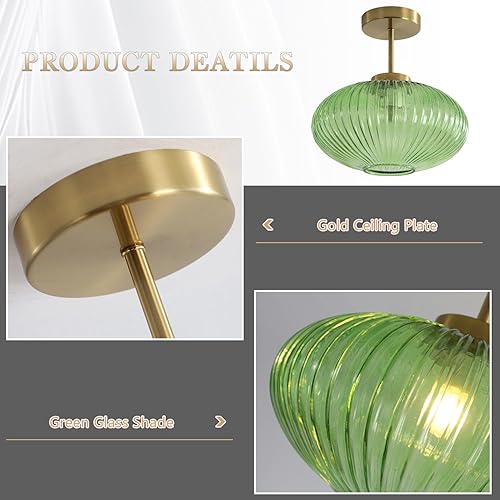 Miniatura 3 de KCO Iluminación vintage verde acanalado vidrio empotrado luz cepillado oro semi empotrado montaje globo techo pasillo lámpara de techo