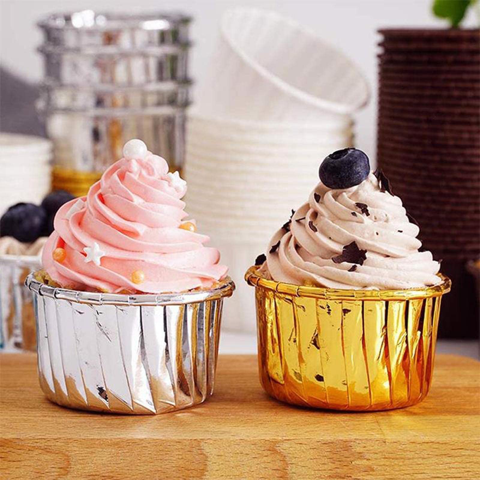 50 Pirottini In Carta Per Muffin E Cupcake - Coppette Gelato Riutilizzabili, Diametro 7 Cm, Altezza 5,2 Cm, Colori Rosa E Blu A Righe