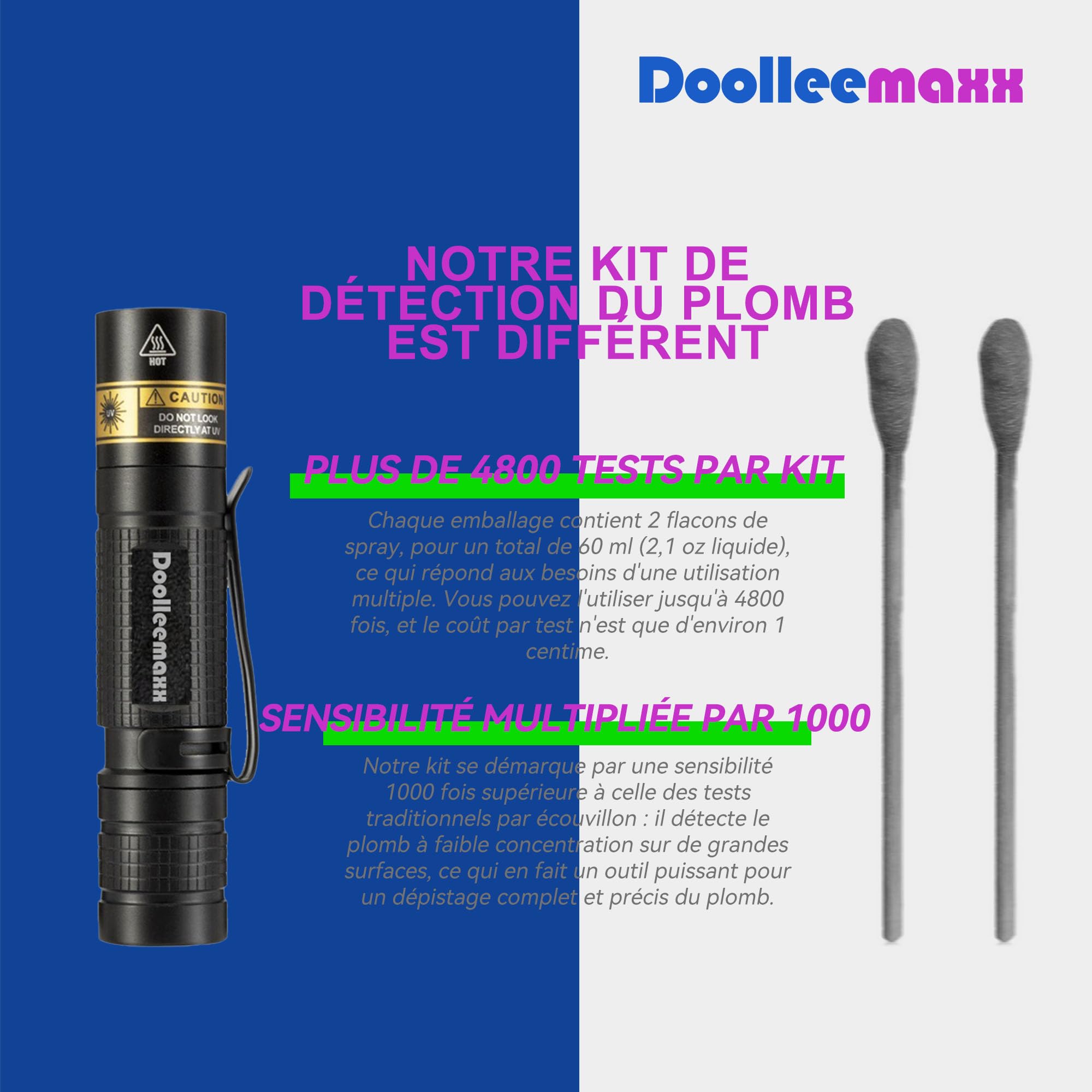 Kit de test pour peinture au plomb | Jusqu'à 4800 utilisations | Lumière UV visible