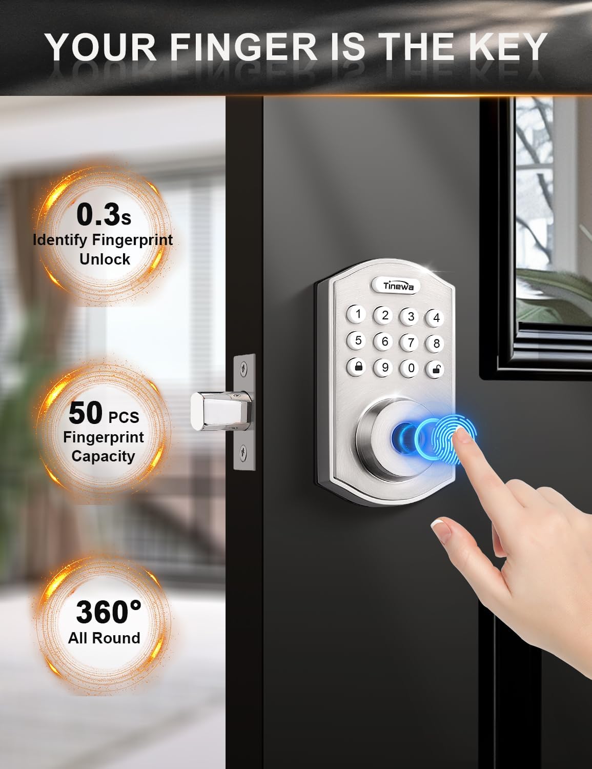 Smart Locks for Front Door - Satin Nickel Keyless Entry Door Lock with Wave Lever Handle, Electronic Digital Keypad Deadbolt with Fingerprint, APP Control, Easy Installation, Home Security