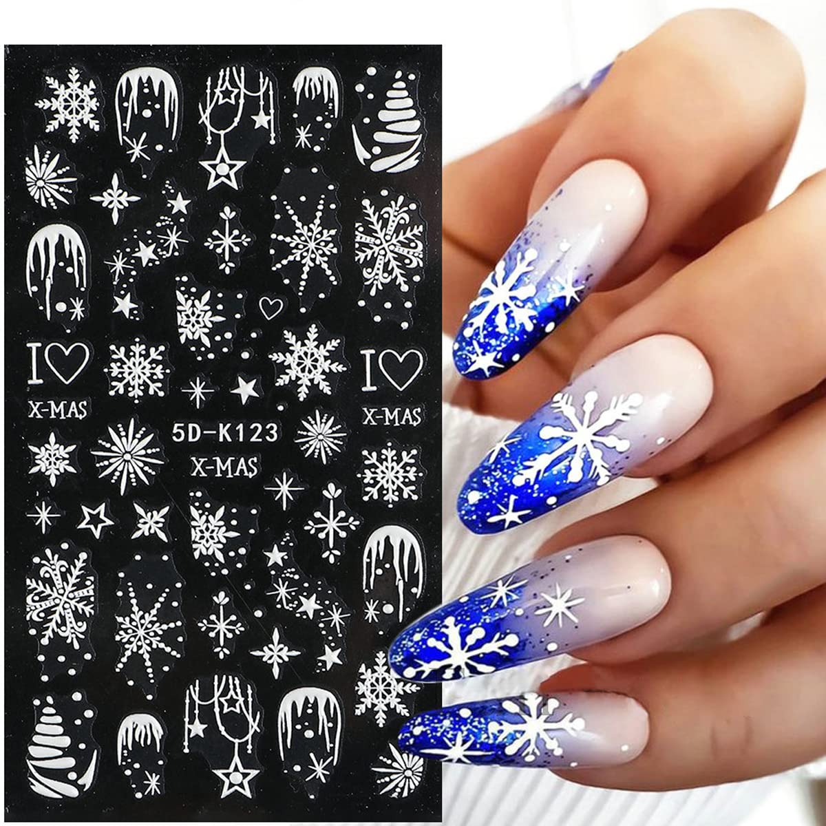 4 Blätter Christmas Nail Art Sticker - Relief Schneeflocken & Glitzer-Aufkleber Für Weihnachts-Nageldesign
