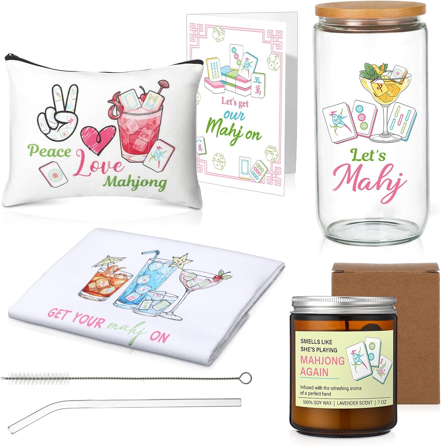 LemonRoad 5 Pcs Mahjong Gifts for Women Mahjong Party Gifts Set Included Scented Candle Cocktail Towel Makeup Bag Glass Cup for Mah Jong Lover Mom Game Night Party Supplies