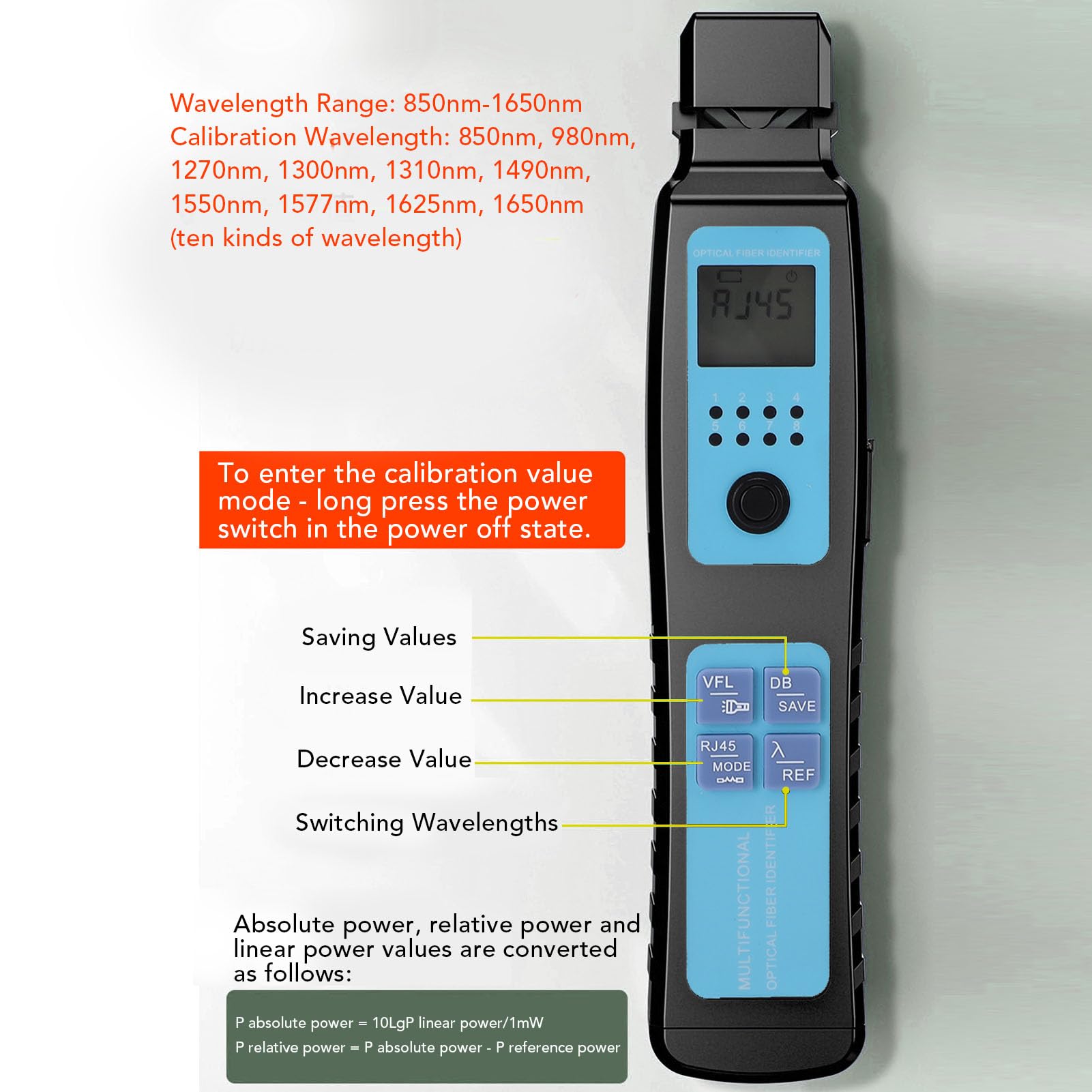 Fockety Identificateur de fibre optique en temps réel avec réponse d'onde 850-1650 nm, VFL 10 km intégré, outils pour fibre optique, détecteur de trafic de câbles -70 dBm à +10 dBm