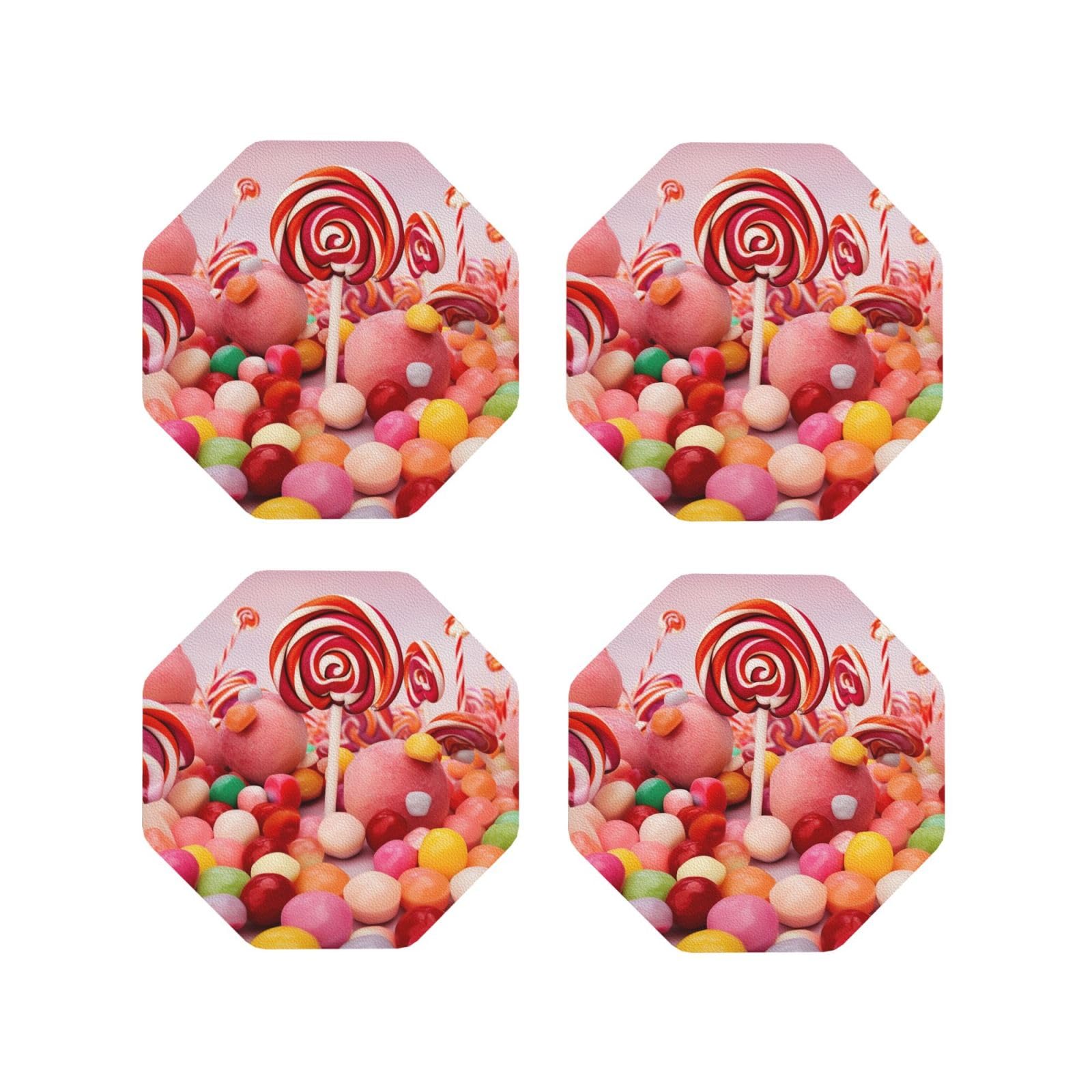 4Pcs PU Leather Coaster for Drinks, Sweet Candy Cup Coastersr 4" Cup Mat Pad, Aesthetic Drink Coasters for Coffee Table, Octagon Coaster for Tabletop Protection