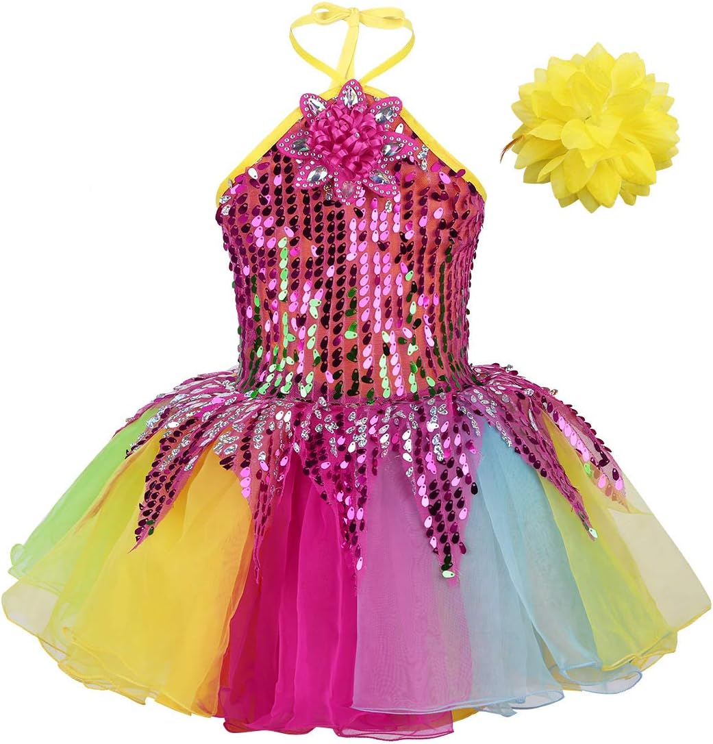 Aiihoo Girls Dancewear Outfit Halter Neck 3D Flower Sequins Rainbow Tutu Dress with Wristband Set Ballet Dance Costume