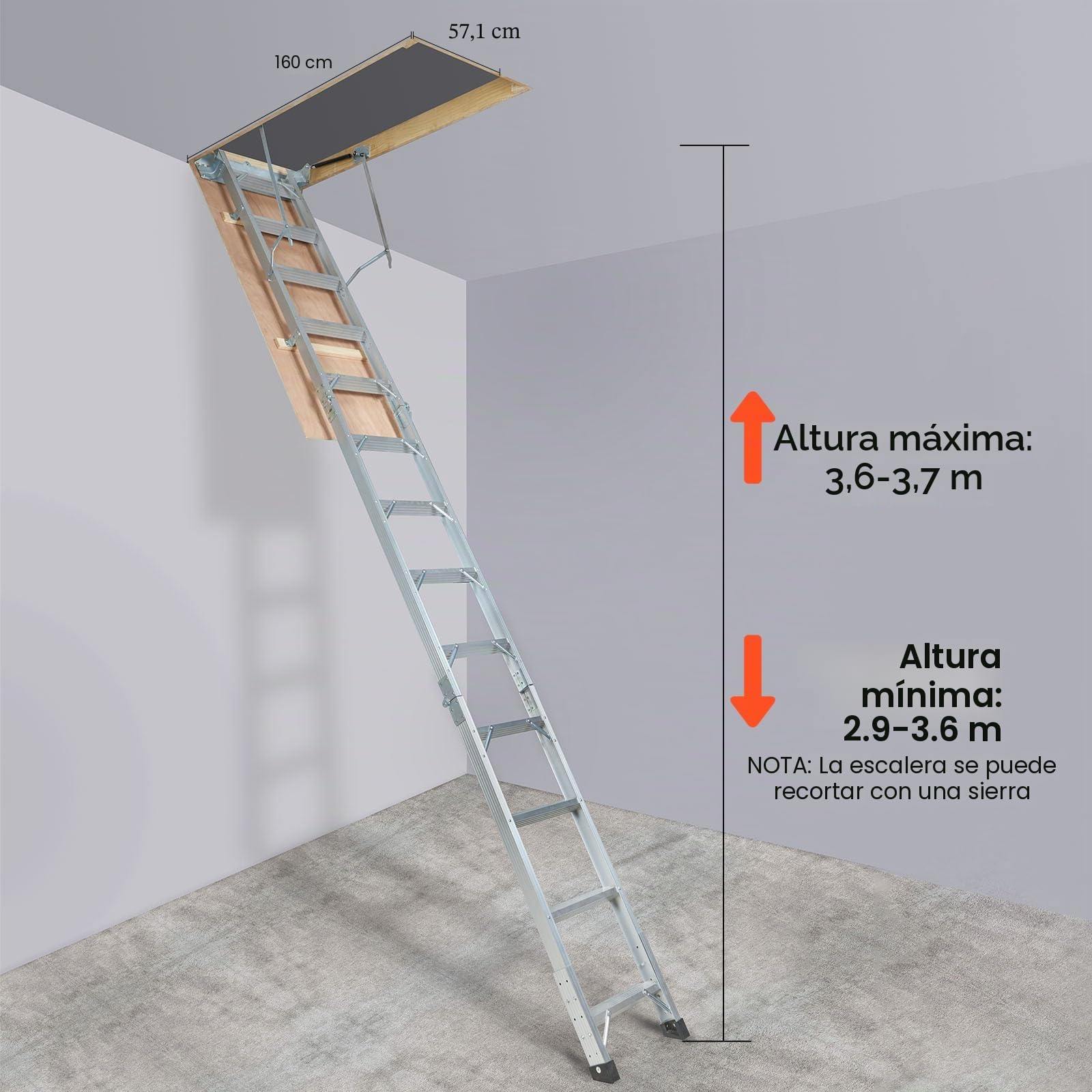 VEVOR Escalera Telescópica Plegable de Aluminio para Ático 570 x 1600 mm Capacidad de Carga de 158,8 kg Extensión Multiusos Ligera y Portátil Altura de Instalación 9,5'-12' para Ático, Oficina, Hogar