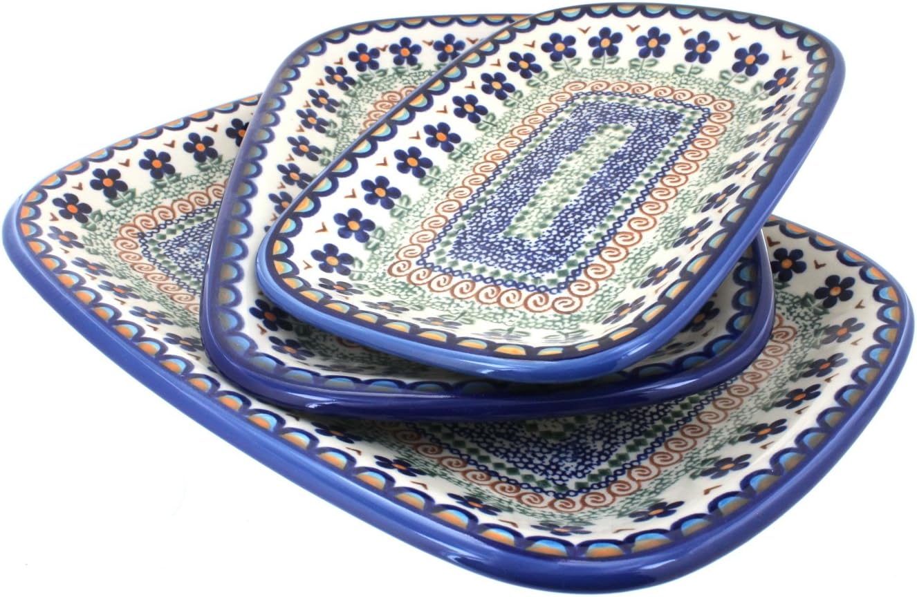 Blue Rose Polish Pottery - Brown Aztec Flower 3 Piece Rectangular Serving Set - 3 Trays - Unique Platter for Dinner Parties, Very Durable & Dishwasher Safe