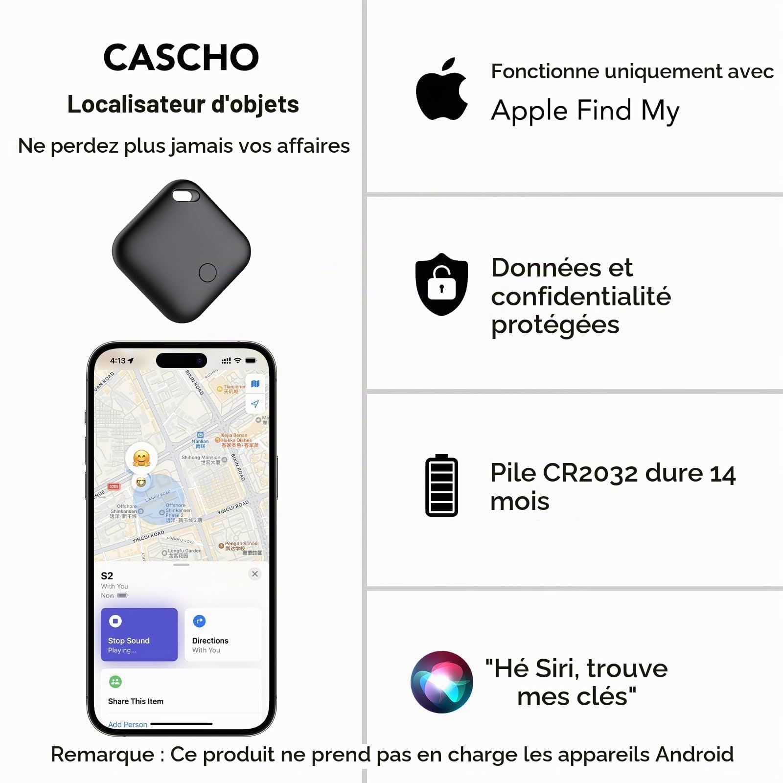 Air Traceur Tag Lot de 4[Certifié Apple MFi], Smart Tag Tracker Compatible avec Apple Localiser (iOS Uniquement), Batterie Remplaçable, Localisateur D'Objets pour Valises Portefeuilles Clés Sacs