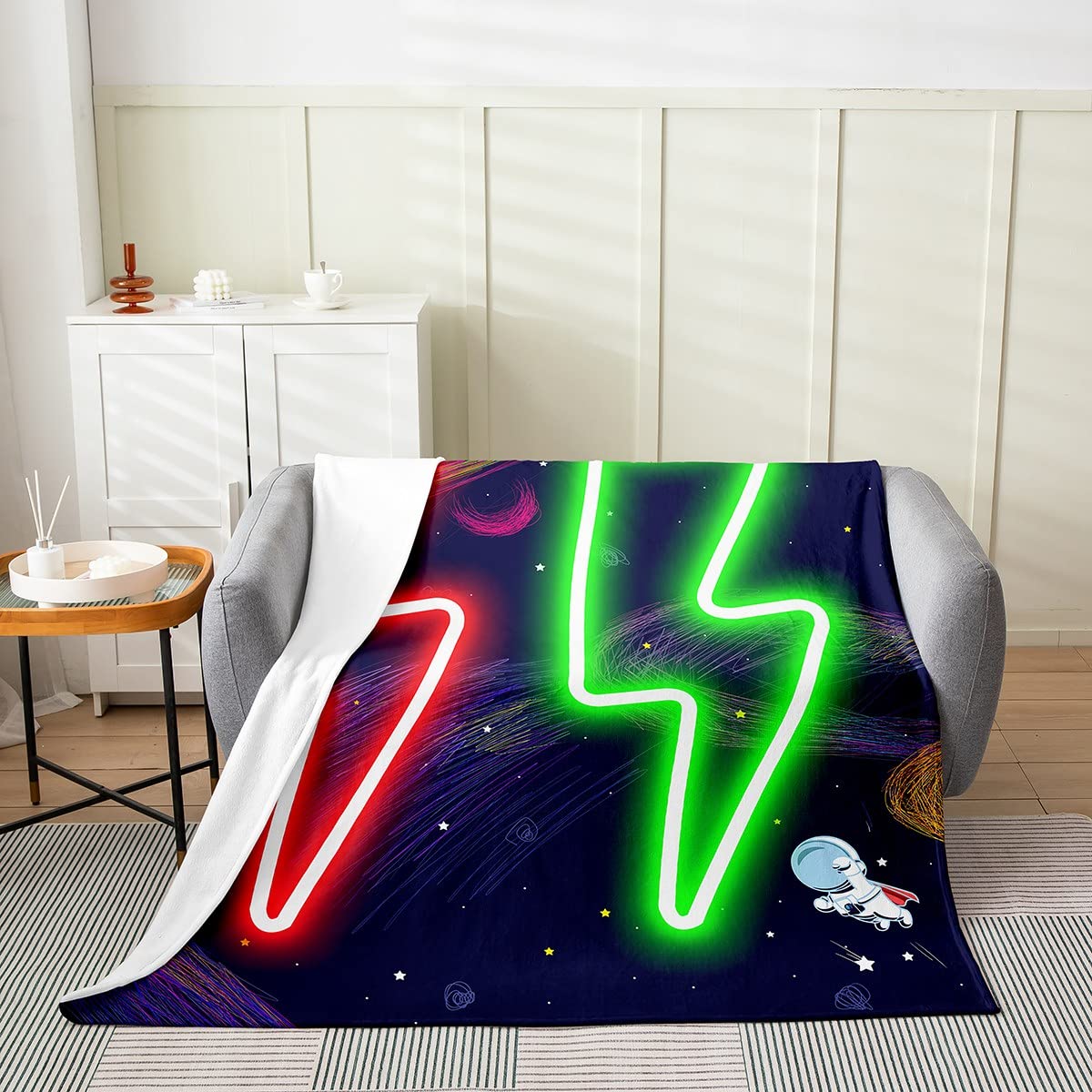 Lightning All Season - Coperta da letto per bambini, con luci al neon, coperta in pile per galassia e arte sfocata per bambini, ragazzi, ragazze, in microfibra, verde, rosso, in peluche, 20 x 200 cm