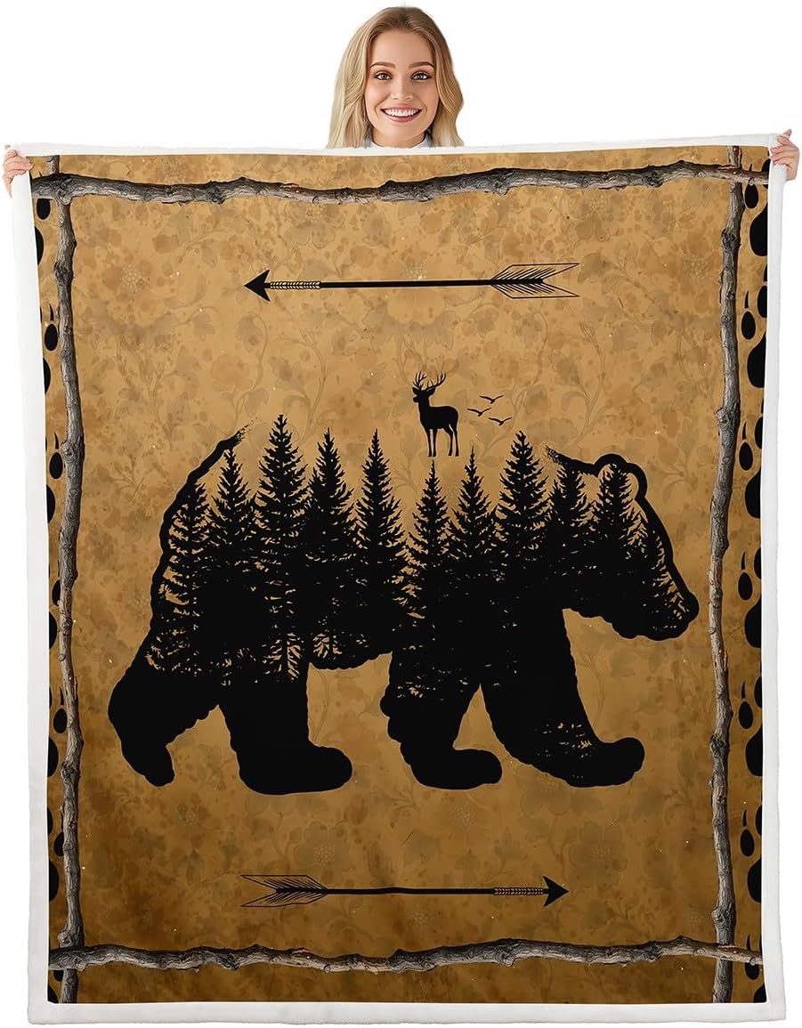 Deer Silhouette Fleece Throw Blanket for Couch,Sofa,Cartoon Super Soft and Warm Blankets,Rustic Wooden Barn Pattern Throw All Season Use,Cozy,Plush,Lightweight,60x80 Inches