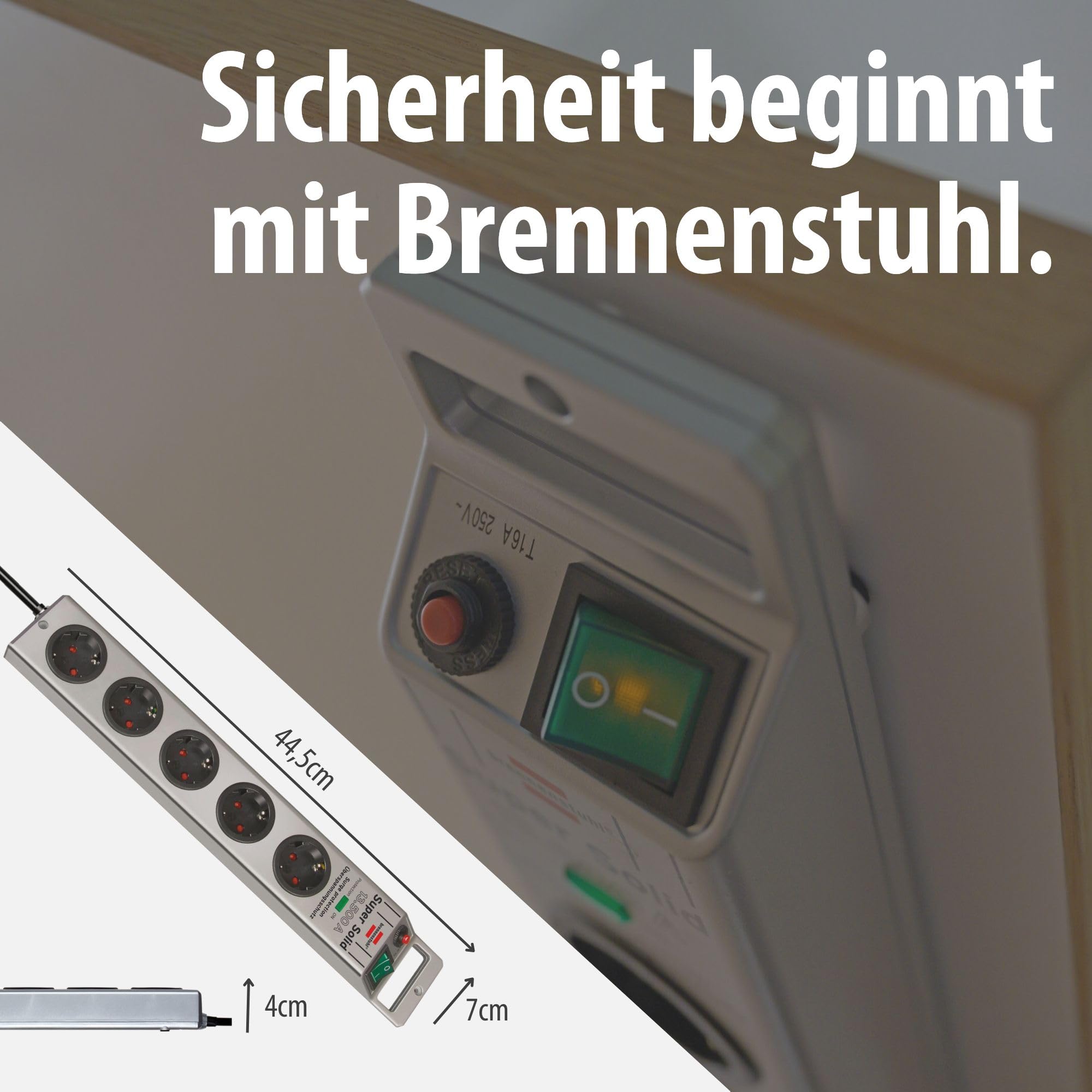 Brennenstuhl Super-Solid regleta de 5 enchufes con protección contra sobretensiones (regleta eléctrica con Cable de 2,5m e Interruptor - de policarbonato Resistente a la Rotura) Plata