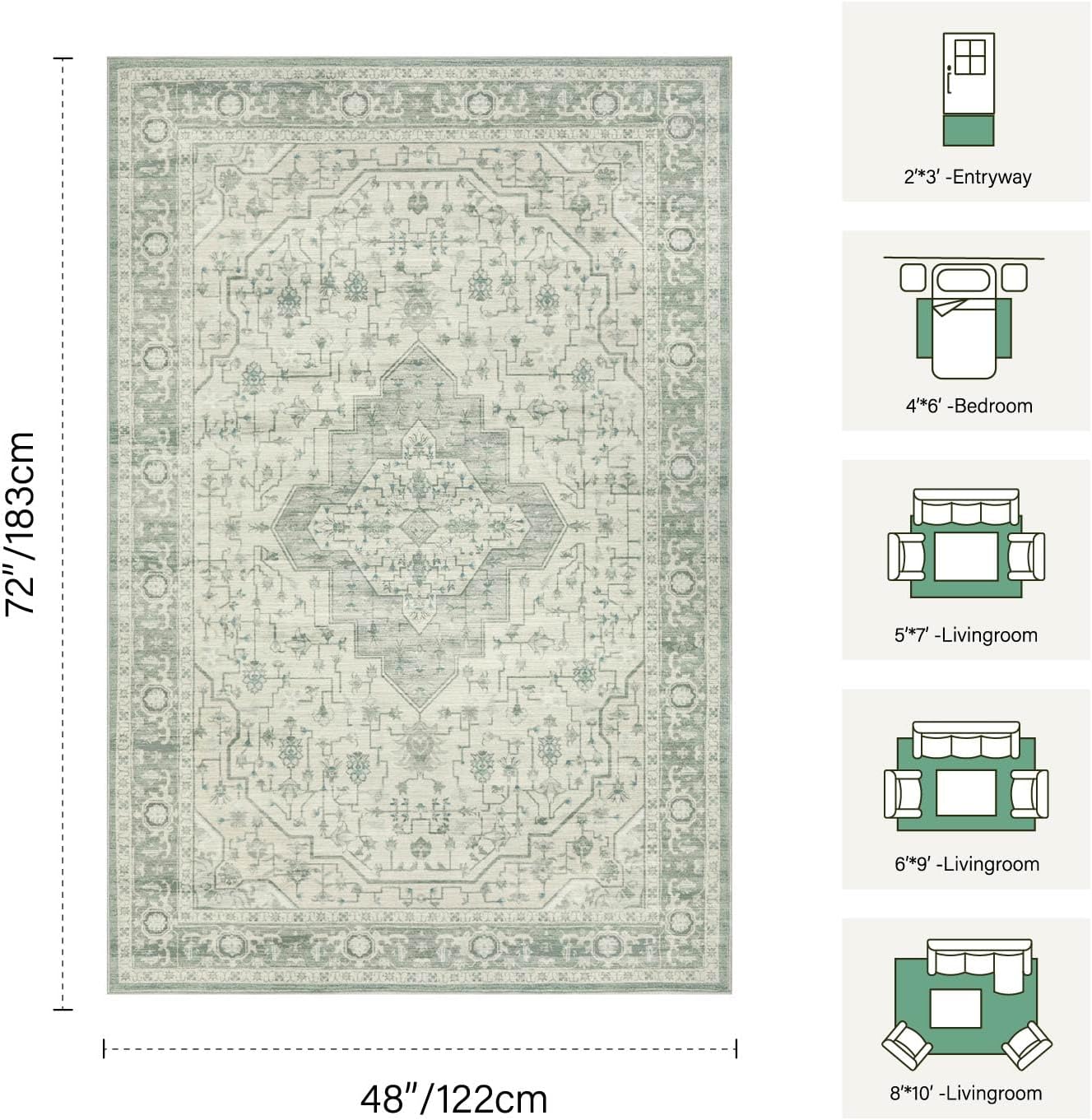 rugxara washable area rug for living room, vintage boho rugs for office, dining room, kids room, farmhouse, durable low pile non slip carpet for high traffic areas, sage green(4x6 ft) sage 4' x 6' (rectangular)