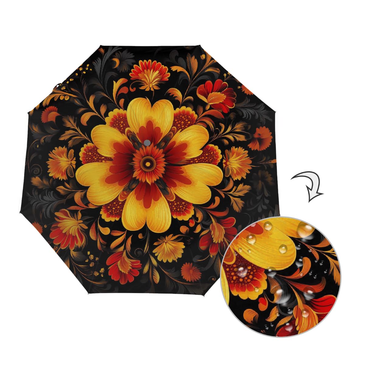 Ombrello pieghevole con motivo floreale russo ombrello da viaggio compatto antivento impermeabile con protezione UV rivestimento nero leggero 8 coste portatile per pioggia sole