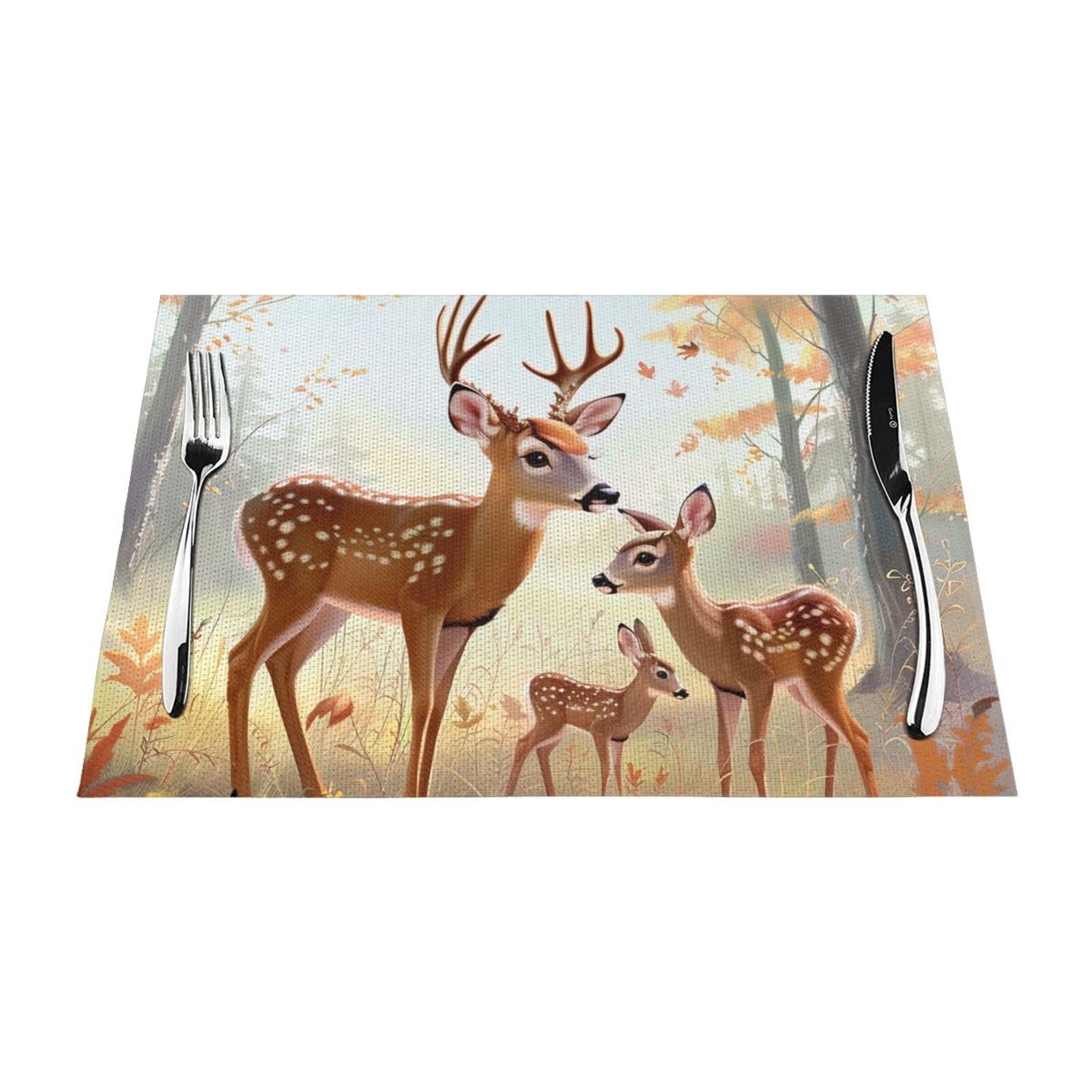 Cute Deers Printed PVC Placemat 4 PCS for Kitchen Dining Table Heat-resistand Washable Table Mats 18x12 in