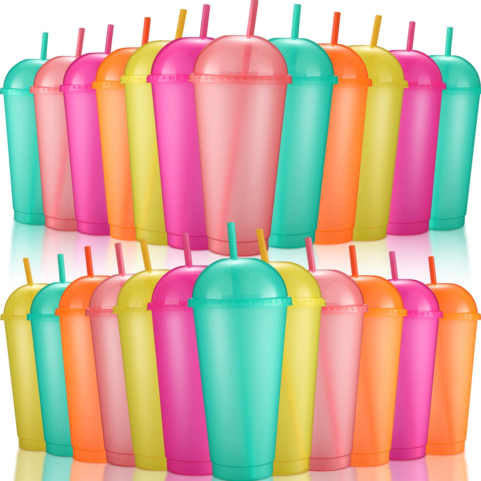 Hsei Lot de 24 gobelets en plastique glacé réutilisables à paillettes avec couvercles dômes et pailles de 700 ml – Gobelets à café glacé pour voyage, anniversaire, fête (couleur classique)