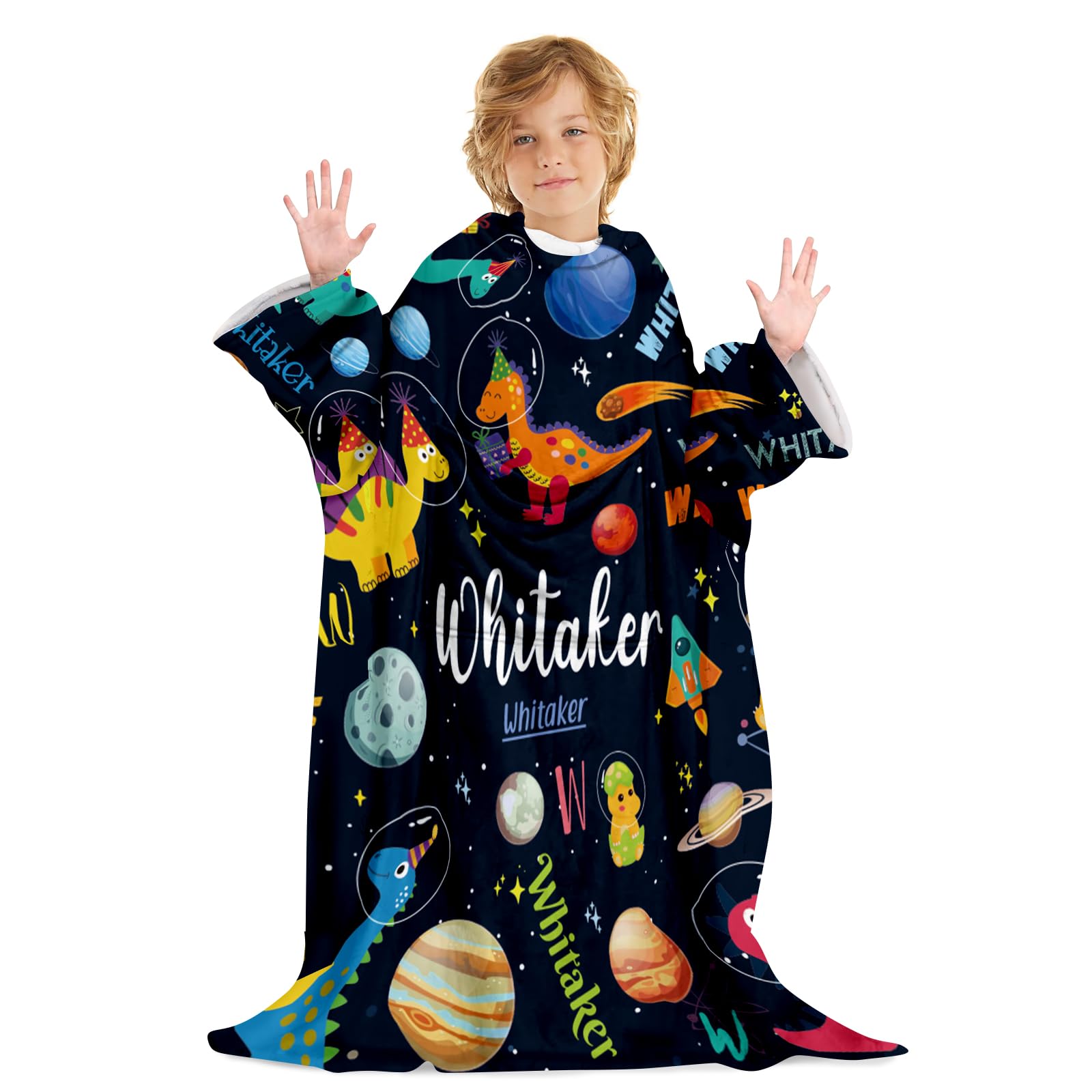 Custom Name Wearable Flannel Blanket for Kids, Lightweight Soft Blanket with Sleeves & Foot Pocket for Boy, Plush Throw Blankets with Space Dinosaur Pattern for Children Adult