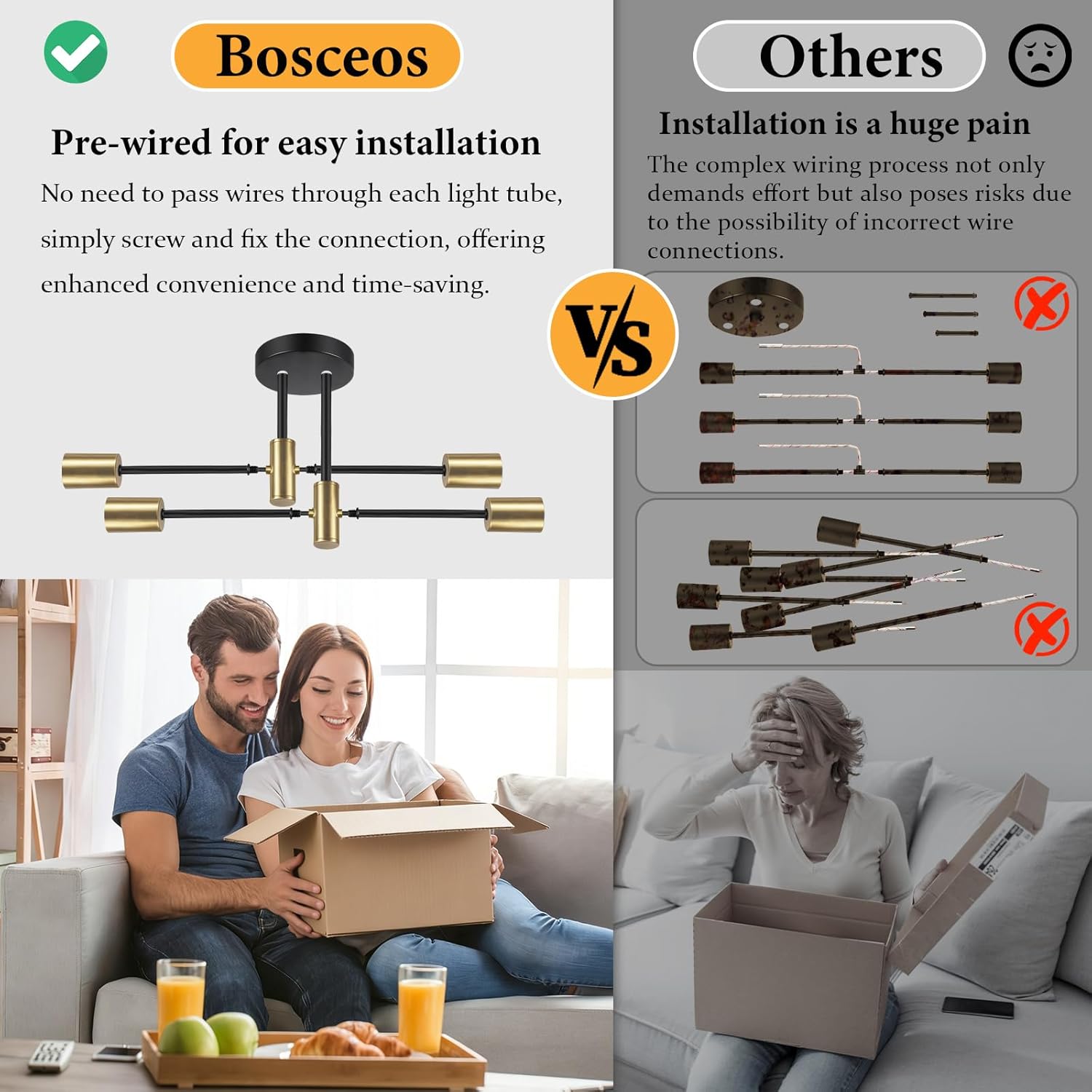 Bosceos Semi Flush Mount Ceiling Light Fixture, 4-Light Modern Black and Gold Sputnik Chandelier Industrial Ceiling Lamp for Kitchen Dining Room Living Room Bedroom Foyer