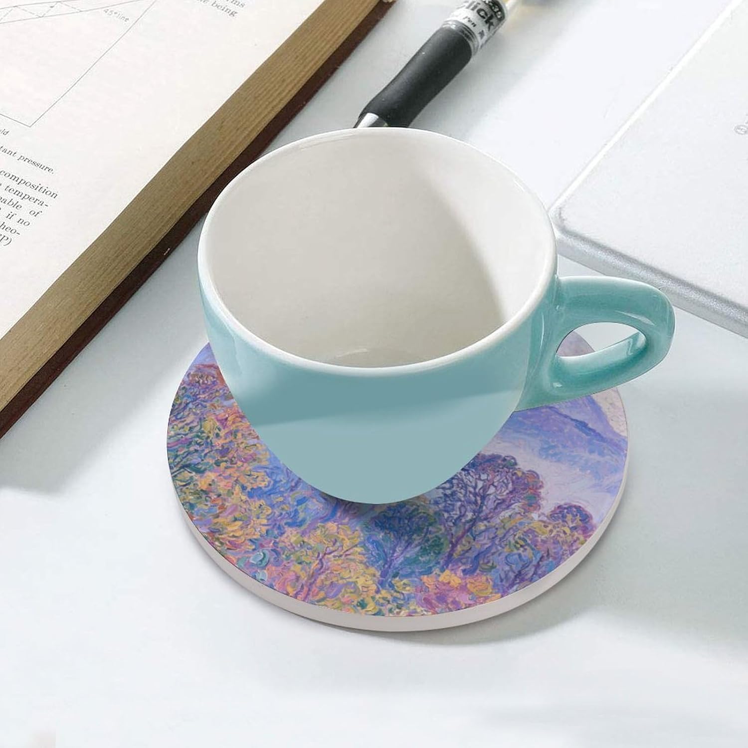 6PCS Nature Forest Mountain Coasters Non-Slip Round Drink Coasters with Ceramic Stone and Cork Base, Heat Resistant Absorbent 33.00Stone Coaster Set for Kinds of Mugs and Cups, 4 Inch