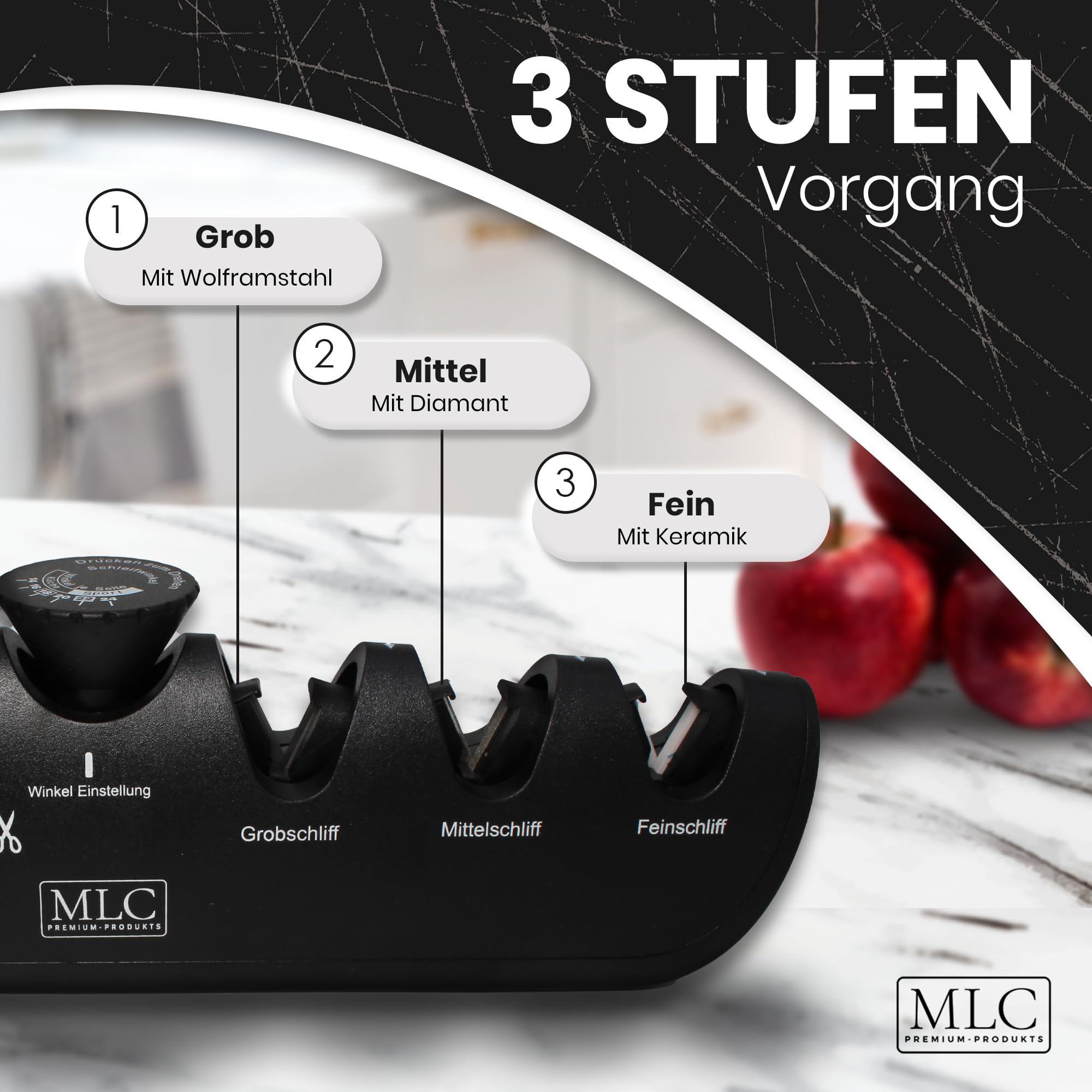 MLC Messerschärfer der 4-in-1 – Messerschleifer mit einstellbarem Winkel für Messer & Scheren, zuhause einfach Messer schärfen und schleifen, manueller Schleifstein/Wetzstahl ersatz