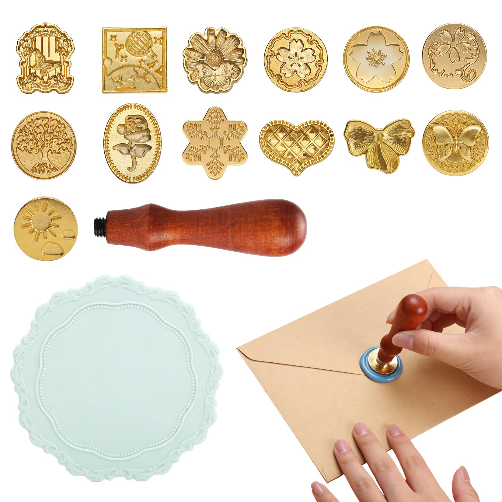 Personalised Wax Seal Stamp Kit, 13 Different Wax Stamp Seal Kit with Removable Wooden Handle, Letter Stamps with Blue Pads, wWax Stamps Seals for Envelopes Invitations Gift Packing Cards Making