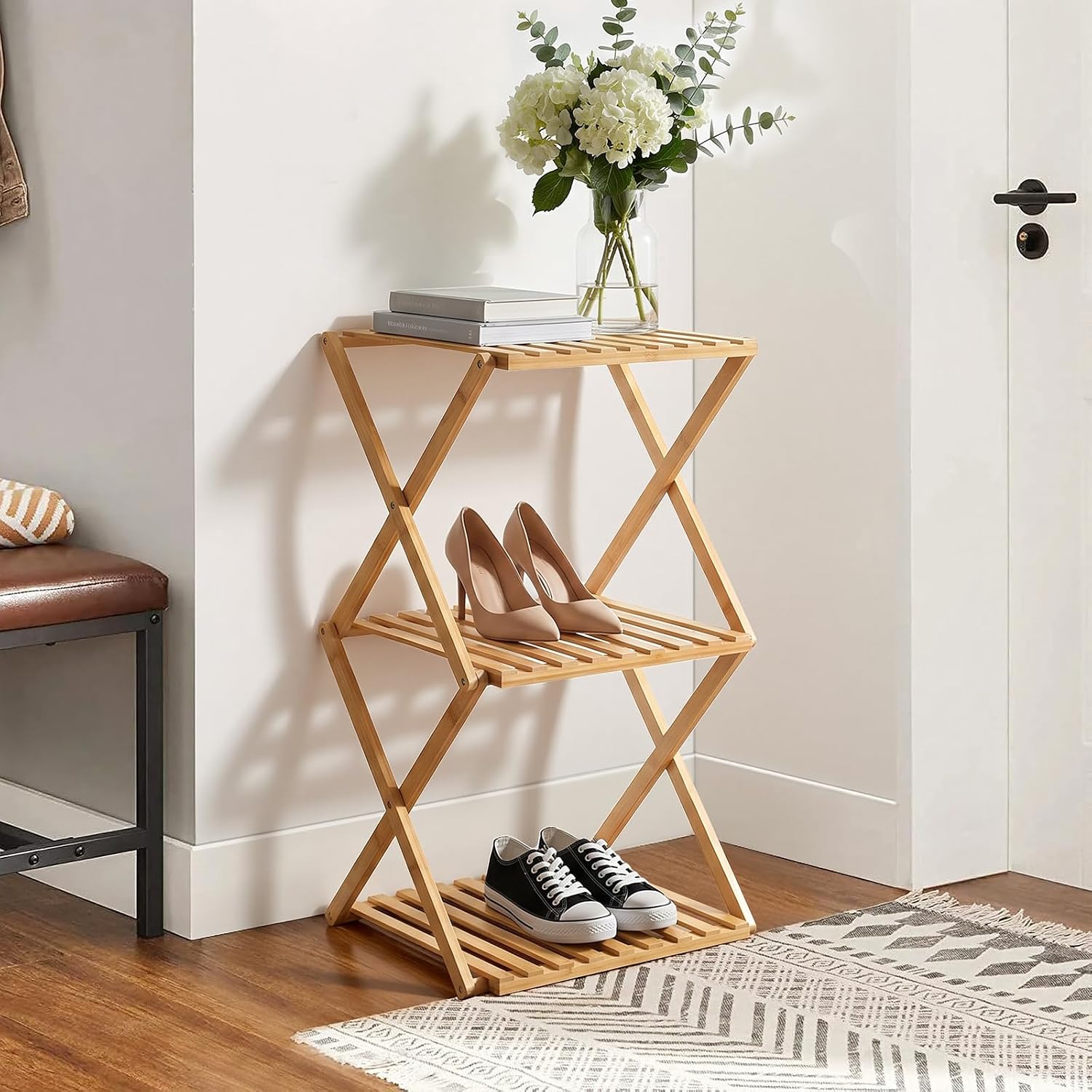 3-Tier Bamboo Folding Shelf, Multi-Purpose Storage Rack for Shoes, Plants, Camping Gear, Entryway, Closet, Bedroom, Hallway & Outdoor Use, Space-Saving Foldable Organizer