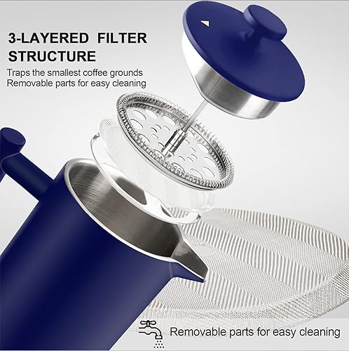Miniatura 4 de Secura Cafetera de Prensa Francesa, Prensa de Café de Acero Inoxidable de Doble Pared Grado 304 con 2 Filtros Adicionales, 34 oz (1L), Azul