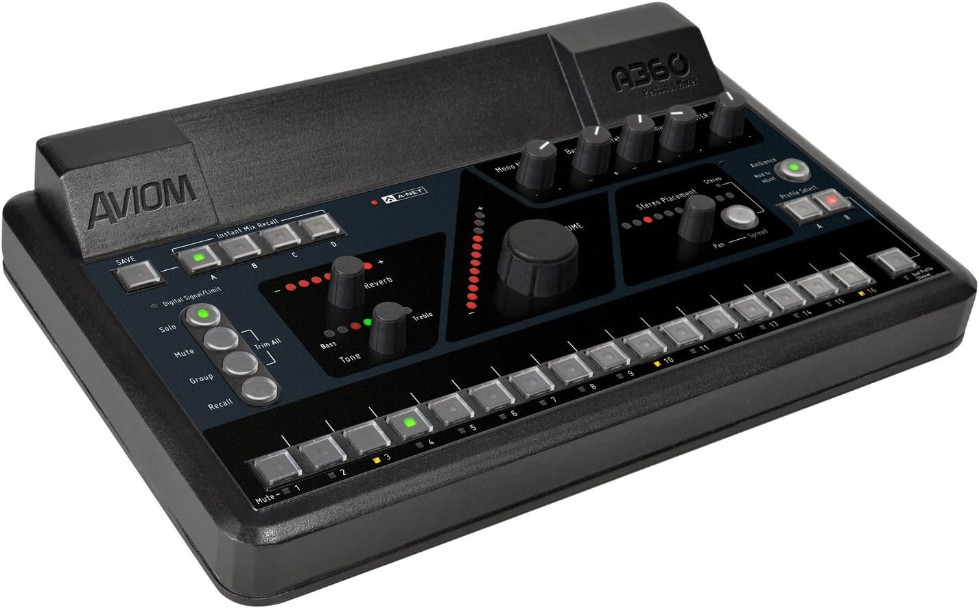 A360 Personal Mixer, 36-Channel Mix Engine, 1/4" & 1/8" TRS Stereo Mix Out, 2-22kHz Frequency Response, 32 Ohms Output Impedance