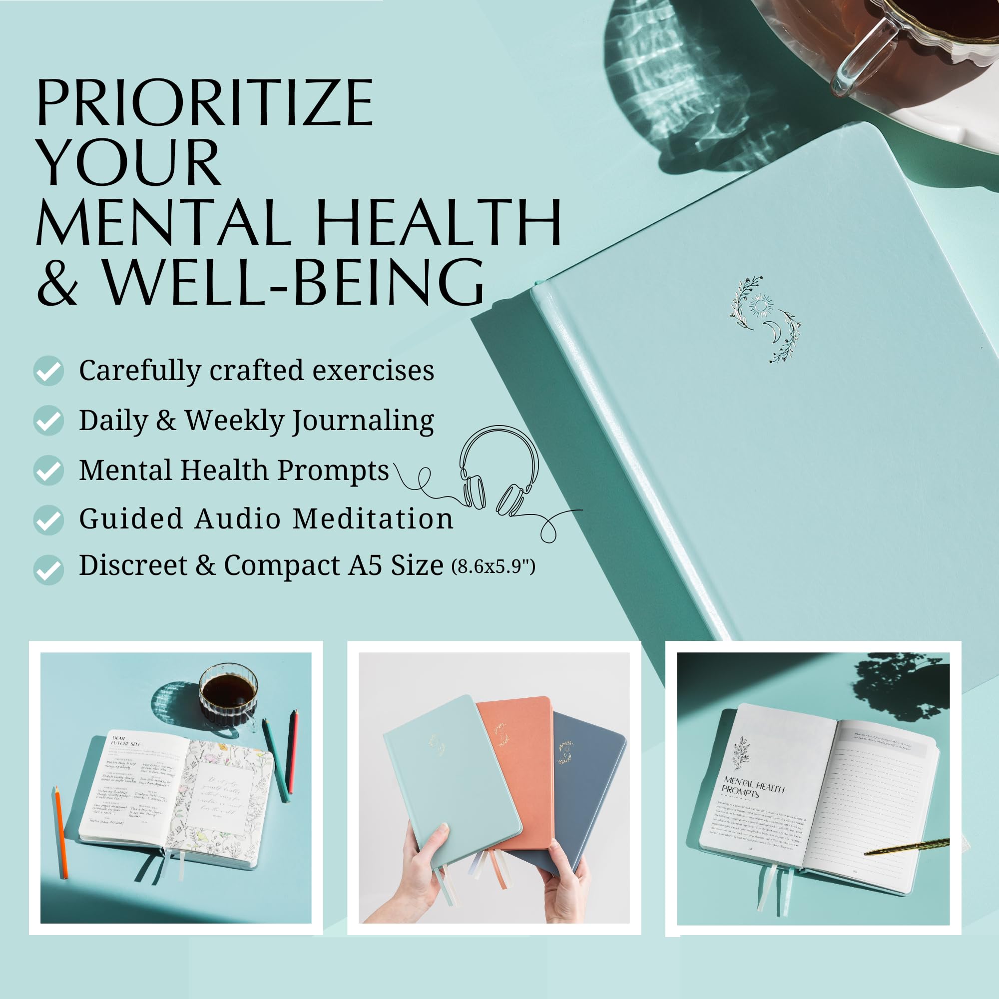 LIFTINSPIRE CO. FINDING BALANCE - Diario de salud mental – Diario diario de 6 meses con indicaciones para atención plena, cuidado personal y curación – Alivio de la ansiedad y la depresión – Tapa dura