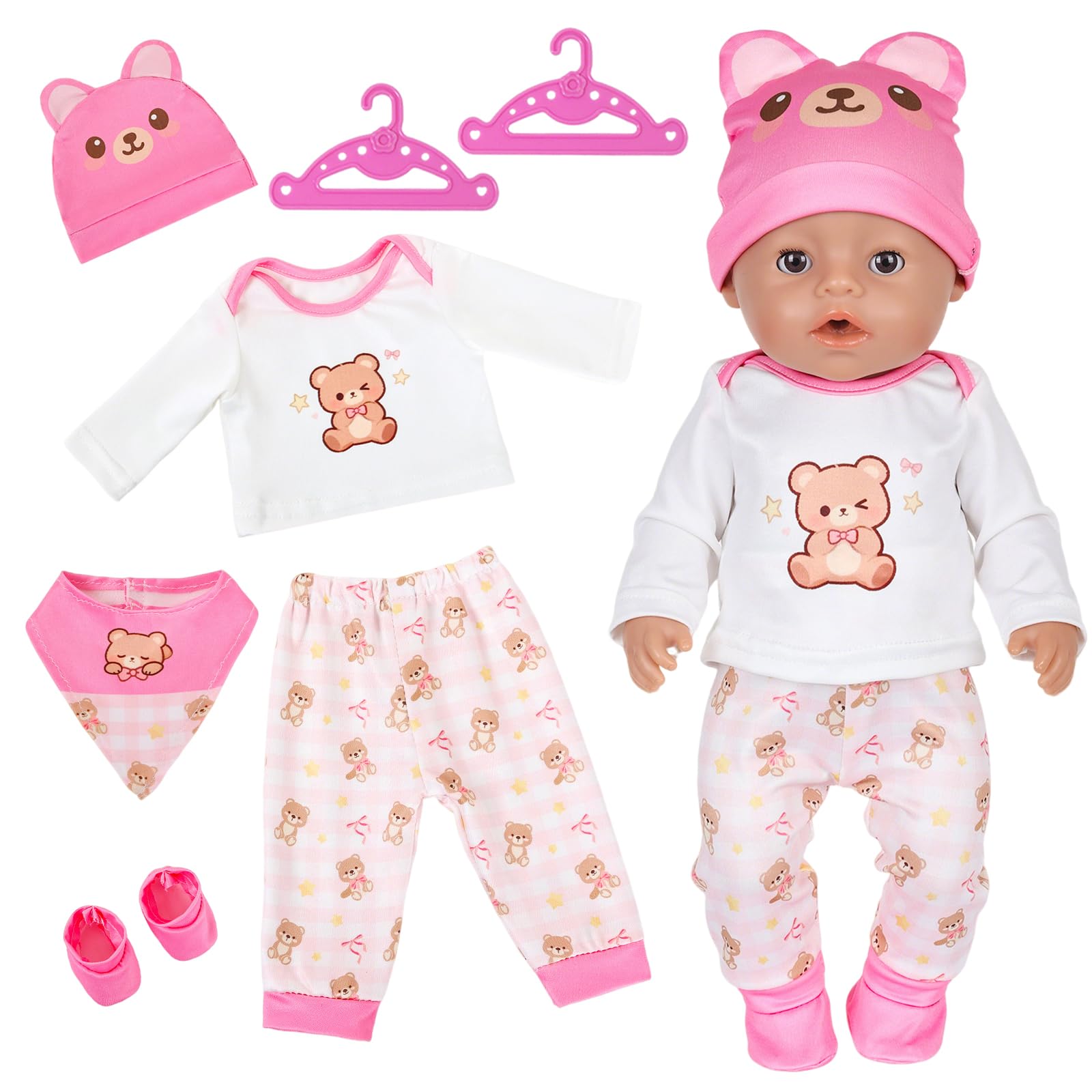 7 Pcs Baby Doll Clothes, Doll Accessories for 14-17 Inch, Pink Bear NewBorn Baby Doll Clothes with Bear Hat Top & Trousers Sock and Hanger for 35-43cm, Sweet Doll Clothe Girls Birthday Gift