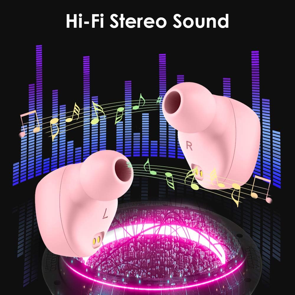ELECDER D10 True Wireless Earbuds Bluetooth 5.0 Headphones in Ear with Microphone, 3D Stereo Sound, IPX5 Waterproof, Charging Case for Workout, Running (Pink)
