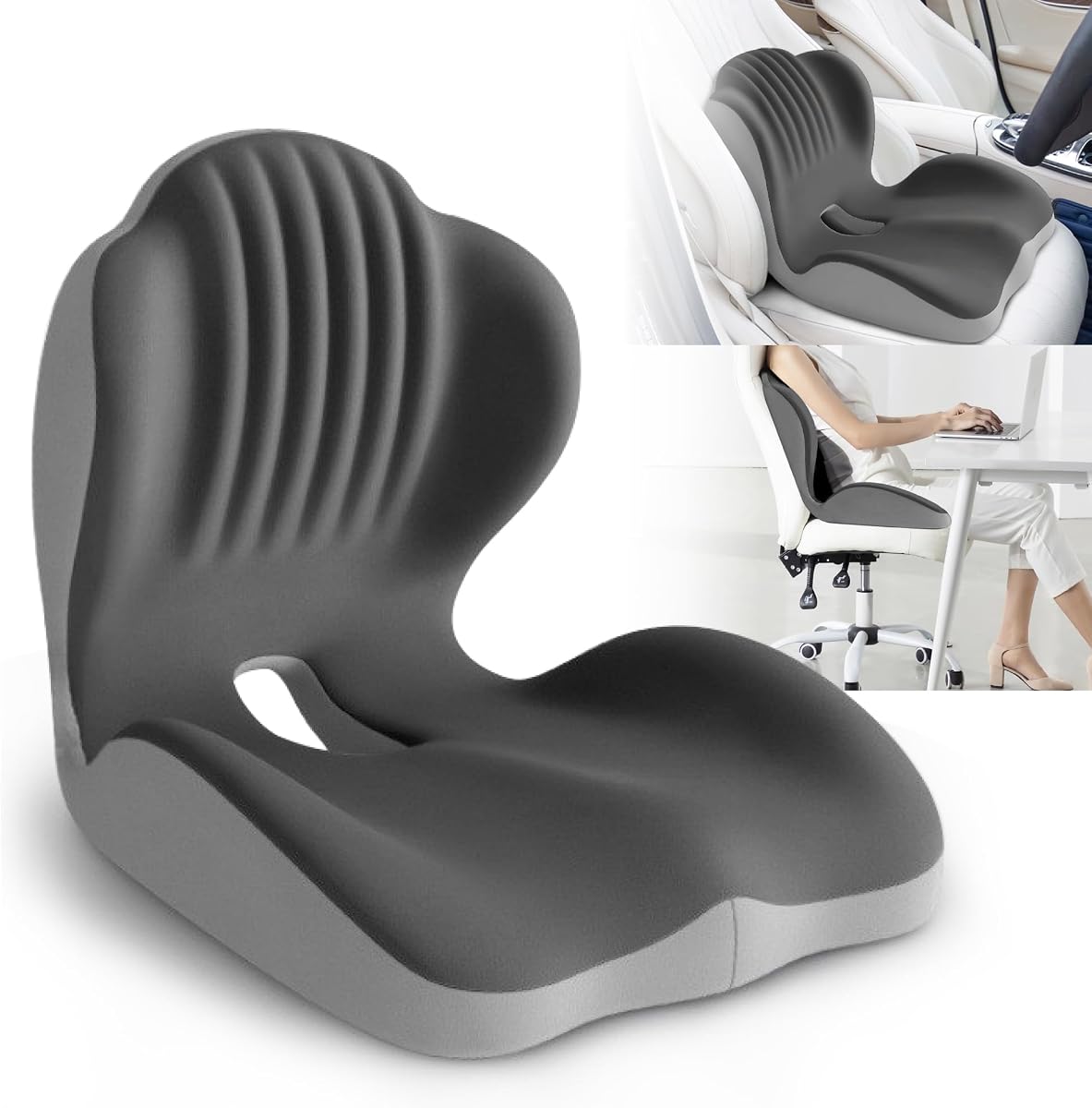 Ergonomic Waist Support and Seat Cushion, L-Shaped Memory Foam Pad (Grey) | Hollow Design for Coccyx, Suitable for Office Chairs, Car Safety Seats and Household Use - Relieves Lower Back and Hip Pain