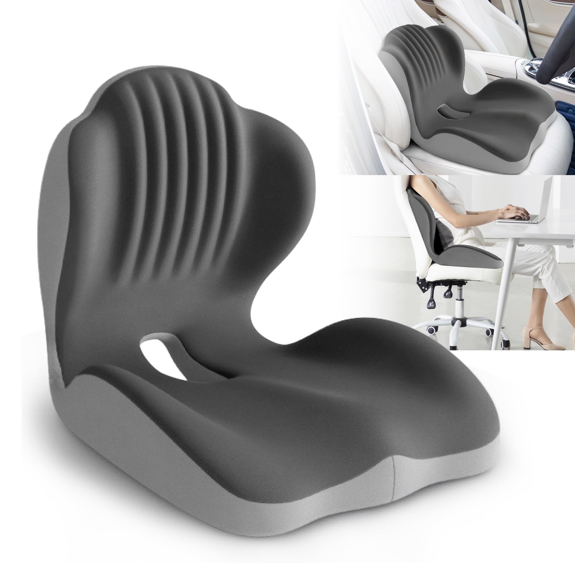 Photo 1 of Ergonomic Waist Support and Seat Cushion, 2-in-1 Memory Foam Pad, Hollow Design for Coccyx, Suitable for Office Chairs, Car Safety Seats and Household Use - Relieves Lower Back and Hip Pain (Grey)