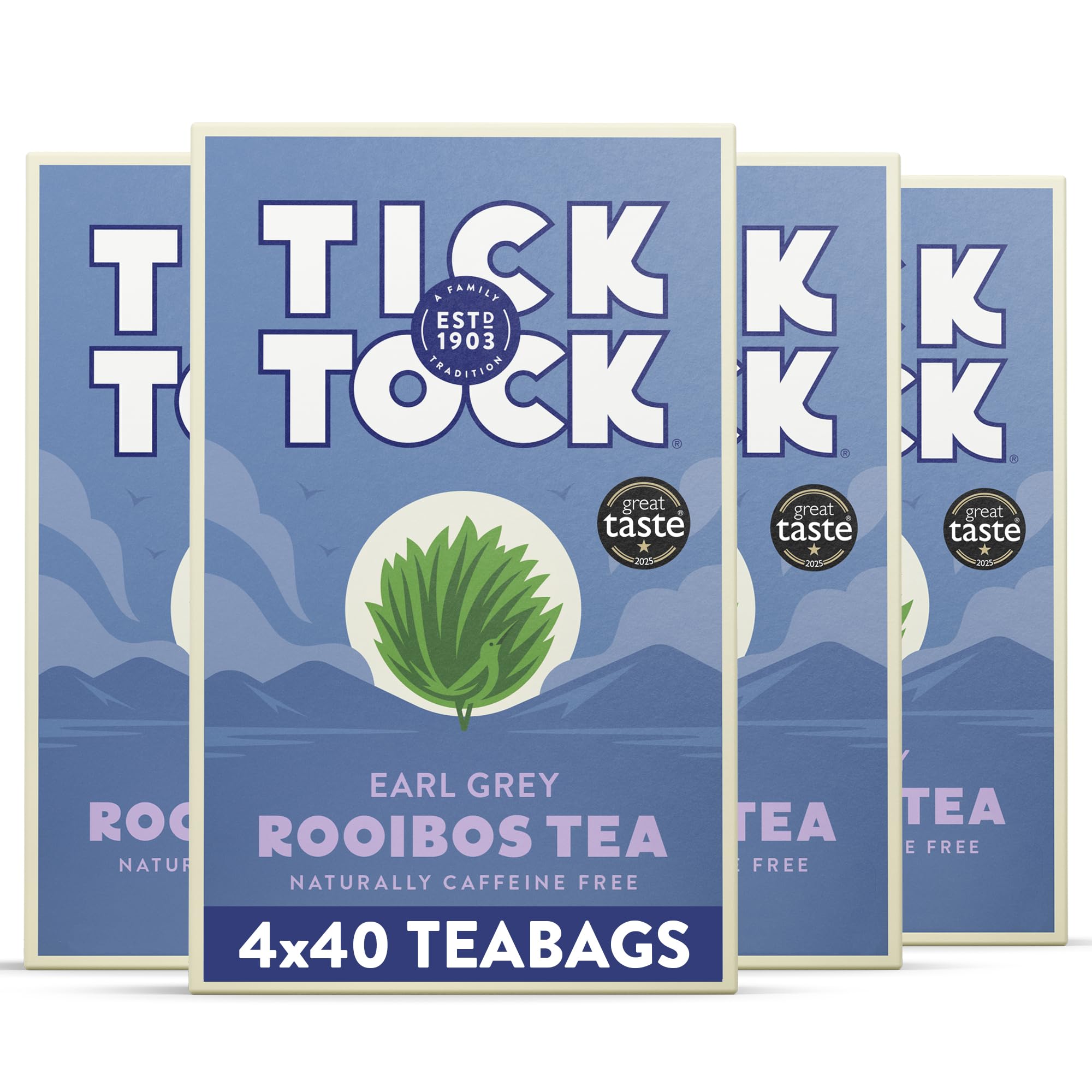 Tick Tock Earl Grey Rooibos Tea, Naturally Decaf Earl Grey Tea Bags, Caffeine-Free, Pack of 4 x 40 (160 Teabags) Biodegradable, Redbush