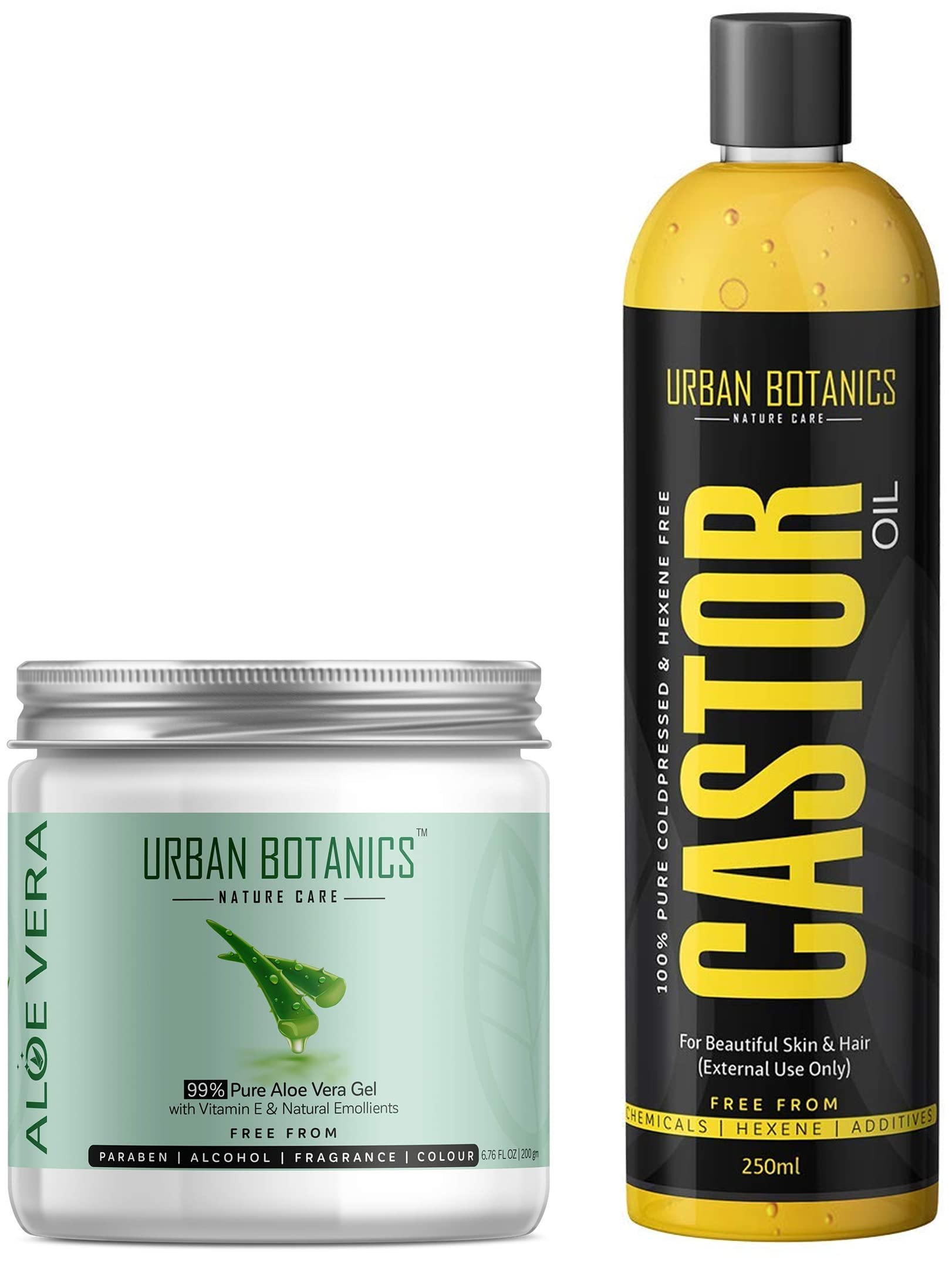 UrbanBotanicsĀ® Cold Pressed Castor Oil for Hair Growth & UrbanBotanicsĀ® Pure Aloe Vera Skin/Hair Gel With Vitamin E & Natural Emollients (Paraben Free)