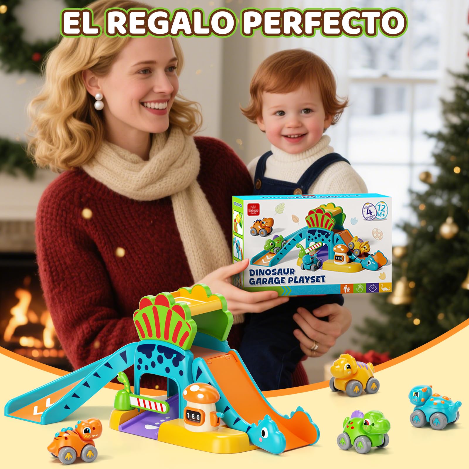 Lehoo Castle Coche de Dinosaurios para Niños 1 2 3 Años, Juguete Educativo con Tobogán y Aparcamiento, Desarrollo Motricidad y Creatividad, Regalo para Niños y Niñas 1-3 Años