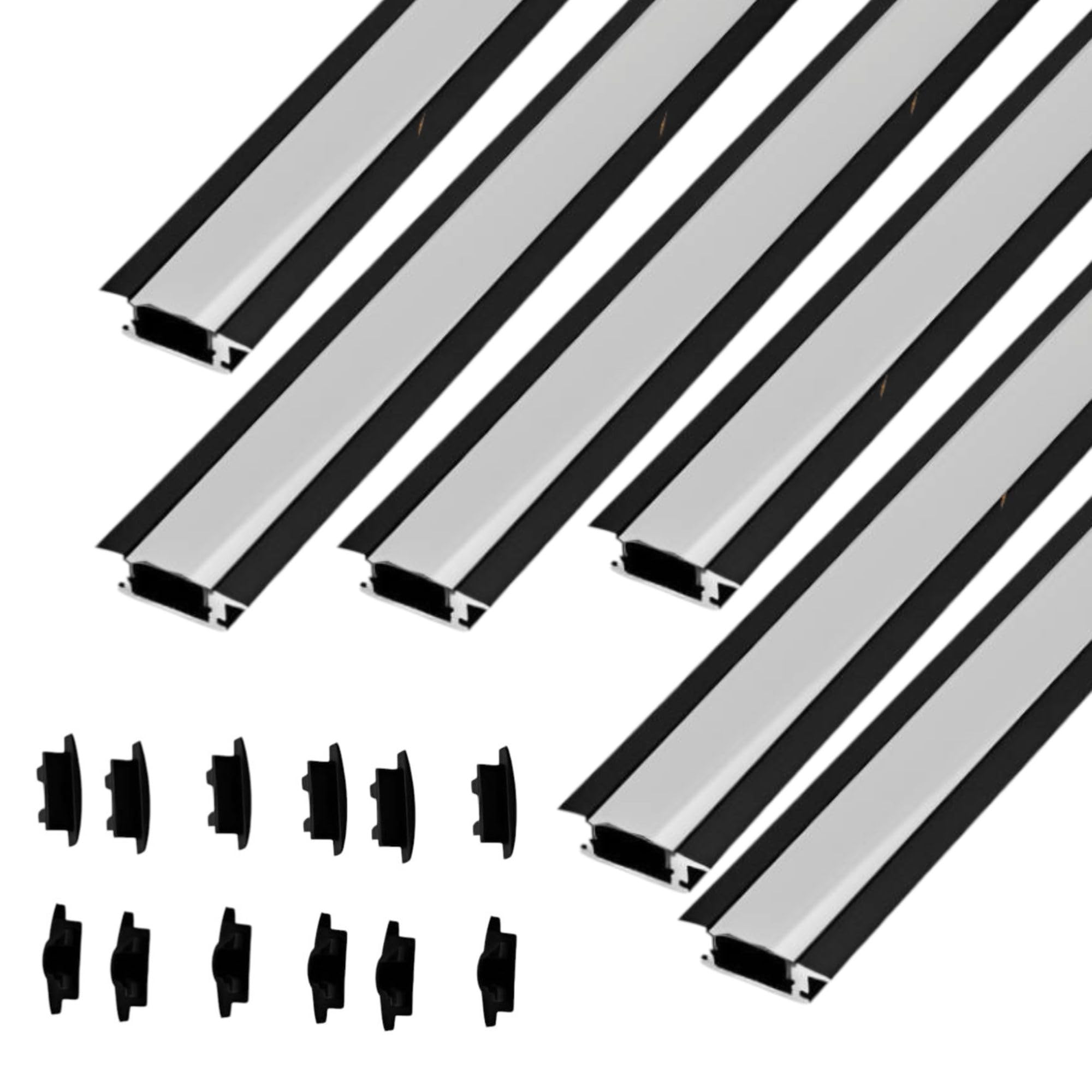 Jandei Pack of 6 Aluminium Profiles YW Shape Long 1 Meter for Recessed LED Strips, with Round Milky White Diffuser. Includes End Caps (Black)