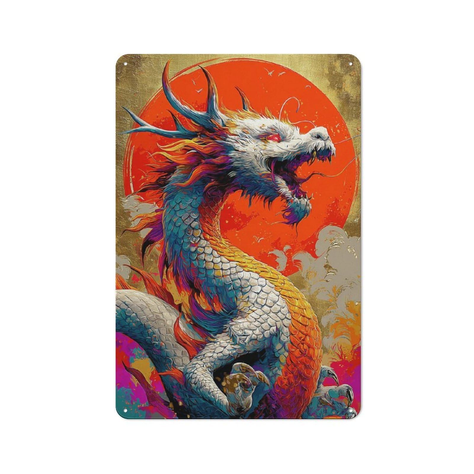 Nostalgic Colorful Dragon Sunset Artwork -2 Metal Wall Sign 30x20cm, Classic Pub Decor for Bar, Kitchen, Garage Or Games Room