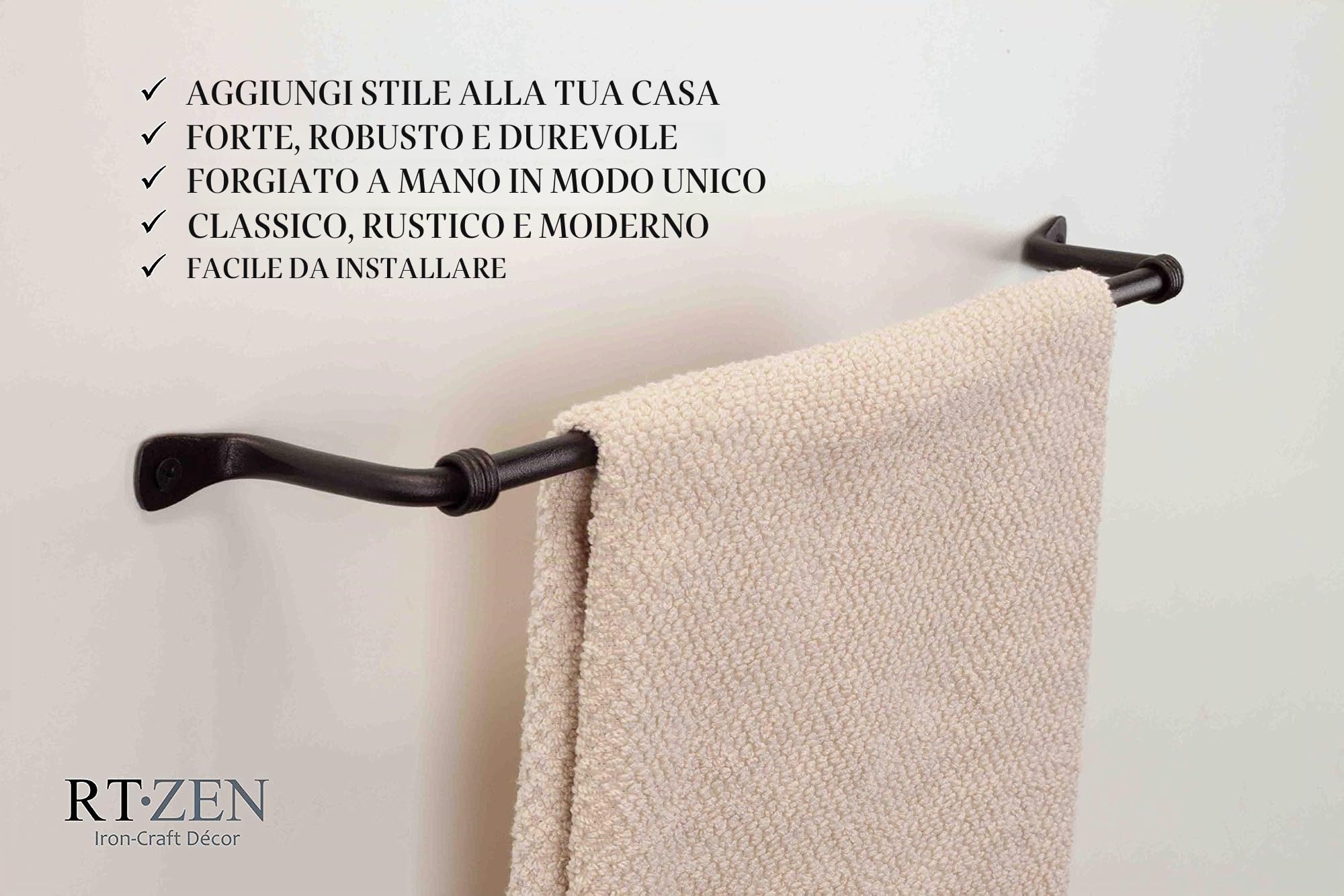 RTZEN Portasciugamani nero opaco per bagno, realizzato a mano in ferro battuto, barra da cucina in metallo, per casa o ufficio, montaggio a parete, adatto per asciugamani da 25,4 cm