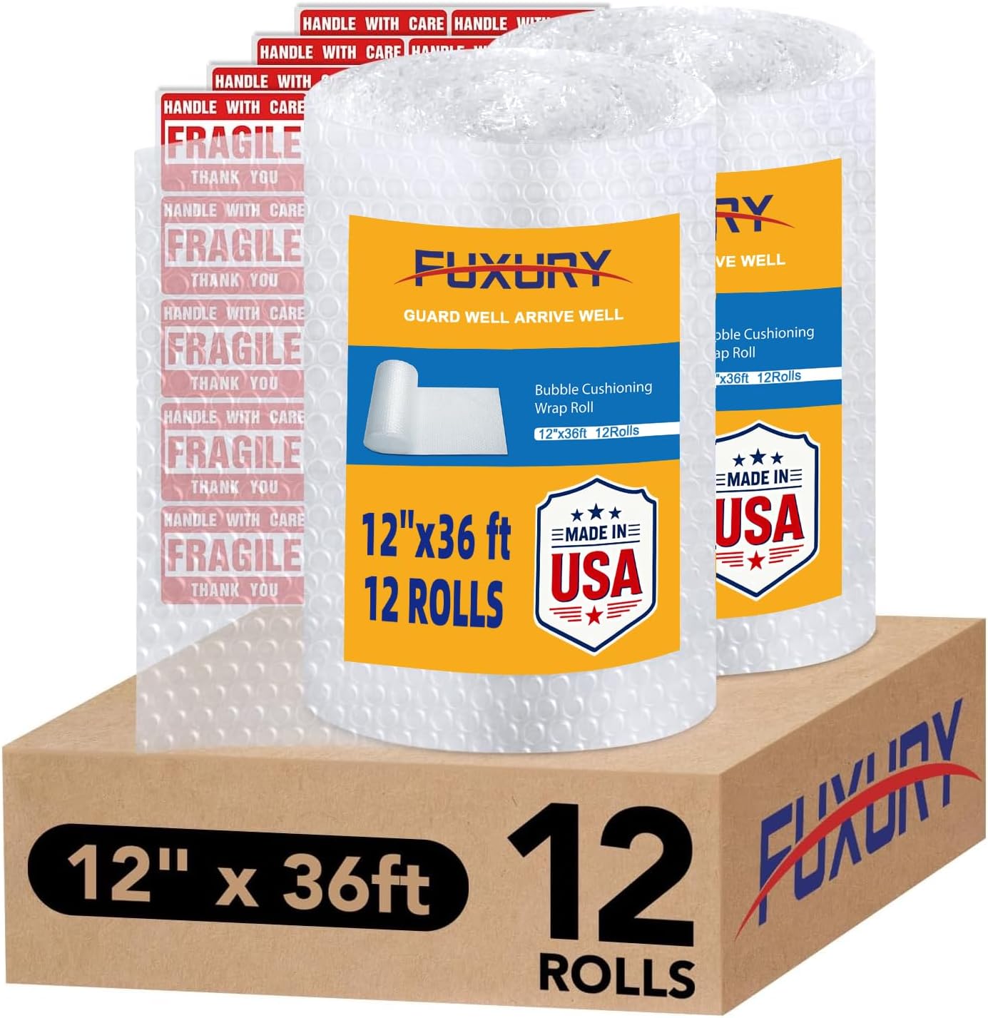 Fuxury Bubble Cushioning Wrap 12 Pack 12 inch x 432 ft Total Bubble Cushioning Wrap for Packing and Moving Boxes Shipping Cushioning Supplies Perforated Every 12”